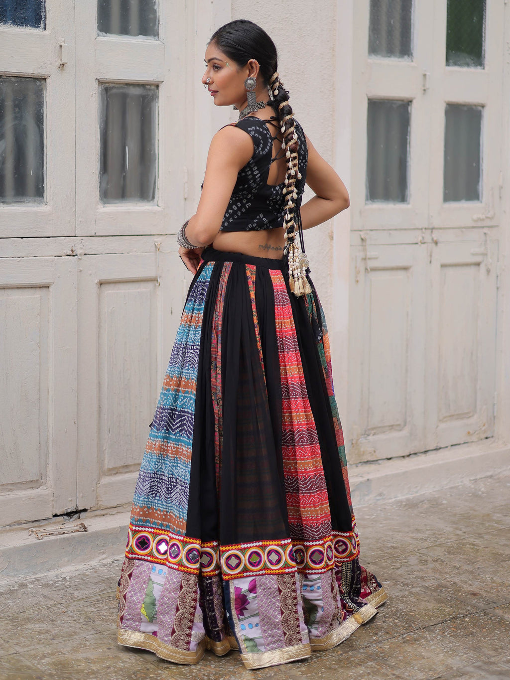 Artistic Black Bandhani Printed Navratri Wear Crop Top Lehenga