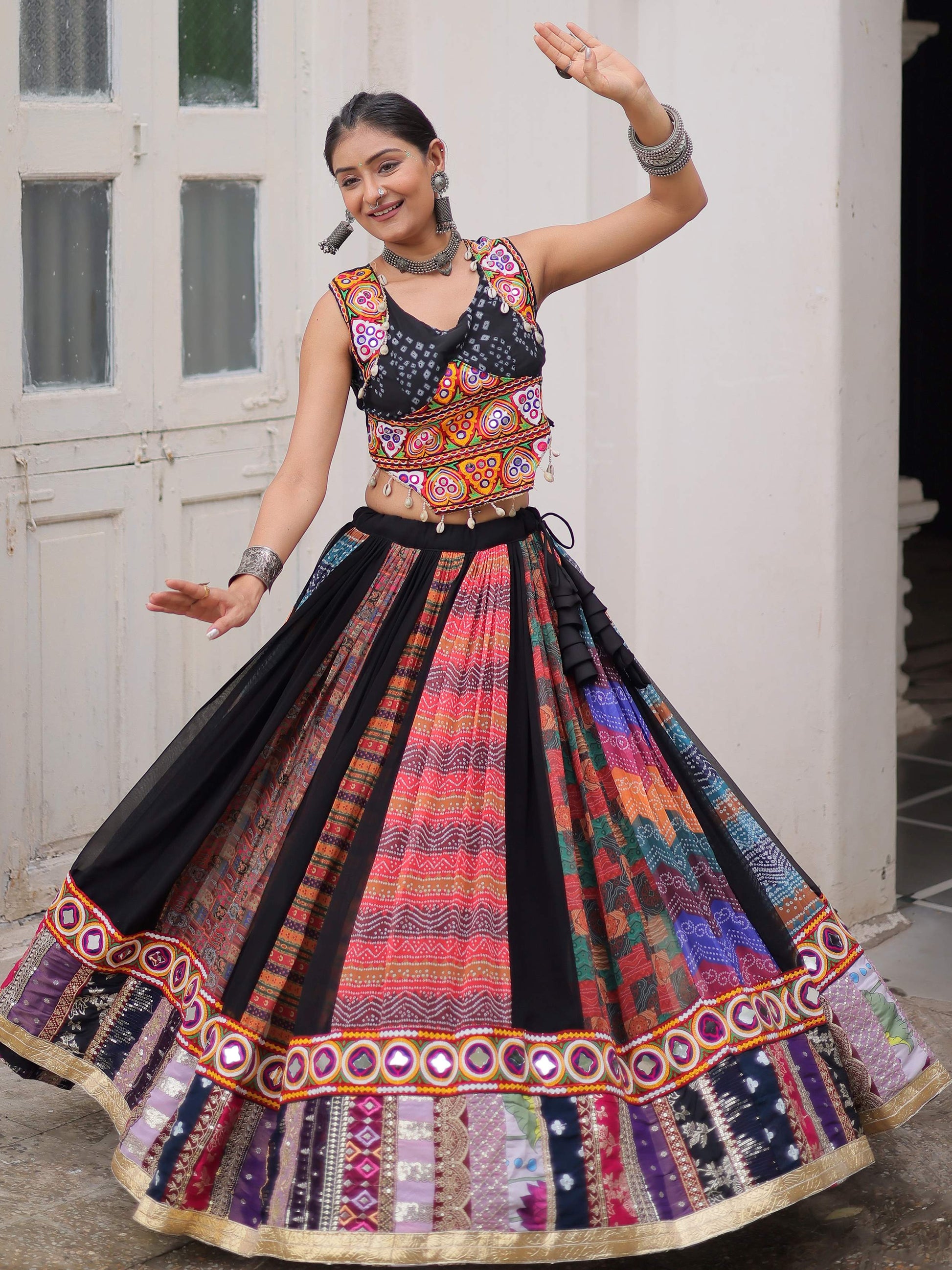 Artistic Black Bandhani Printed Navratri Wear Crop Top Lehenga