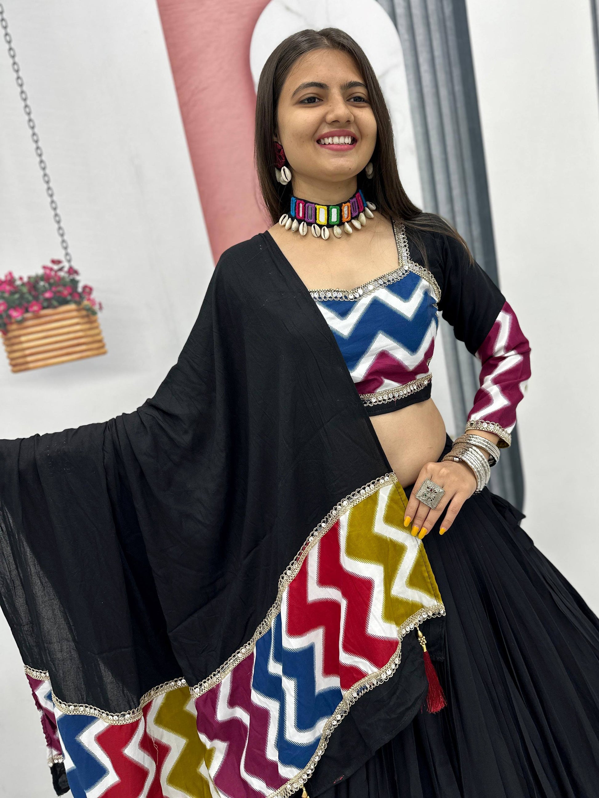 Impressive Black Cotton Lace Work Festive Wear Lehenga Choli