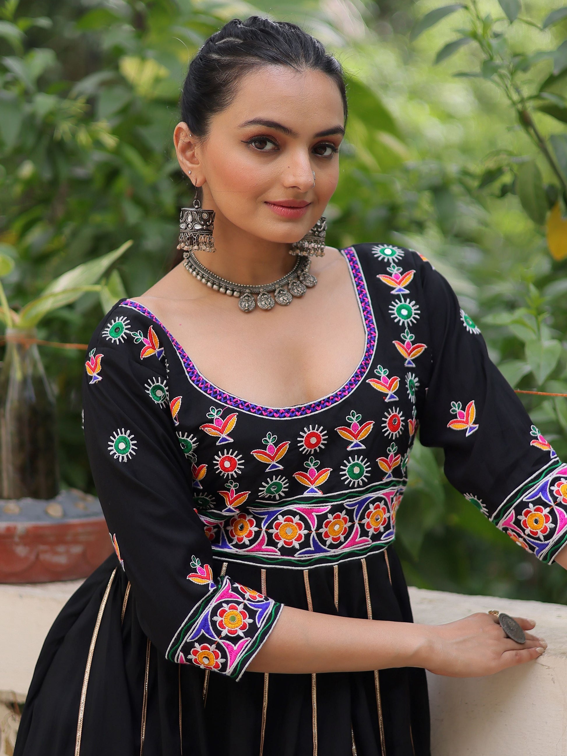 Stunning Black Cotton Thread Work Festival Wear Gown