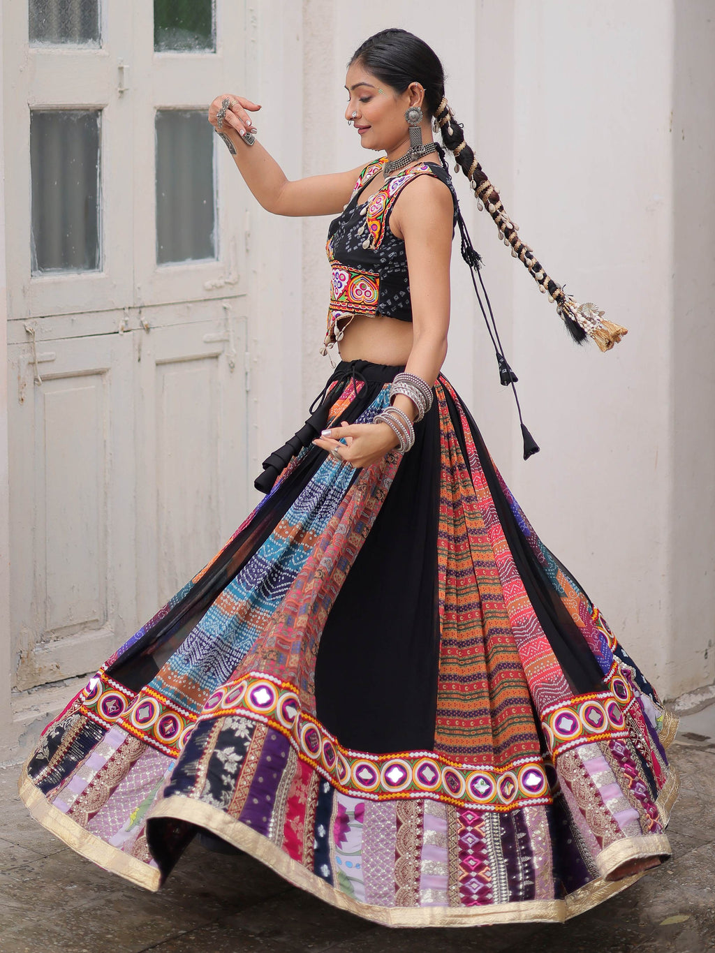 Artistic Black Bandhani Printed Navratri Wear Crop Top Lehenga