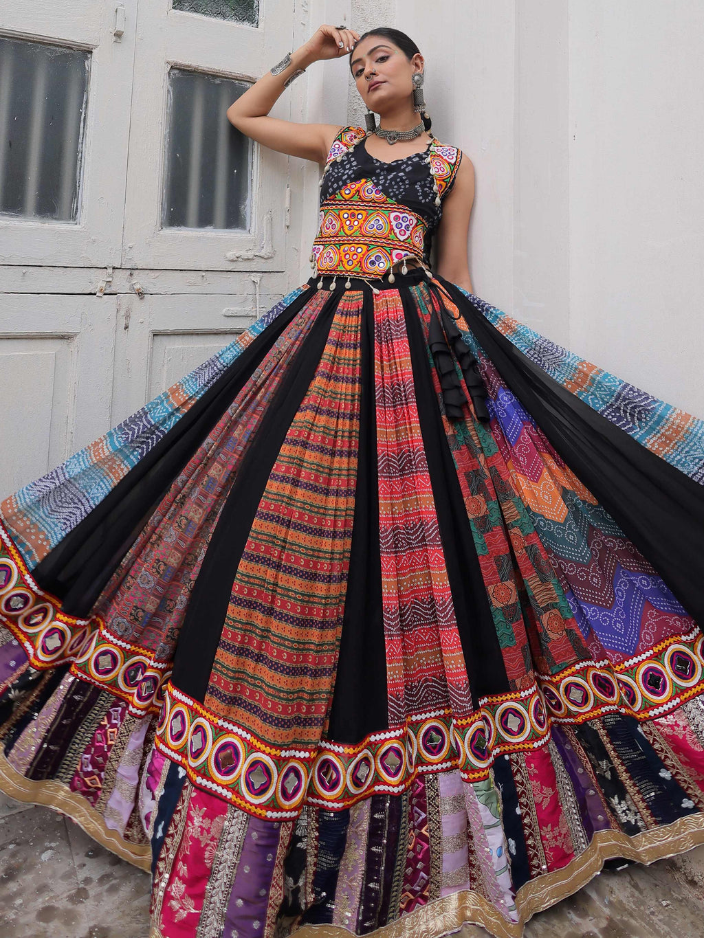 Artistic Black Bandhani Printed Navratri Wear Crop Top Lehenga