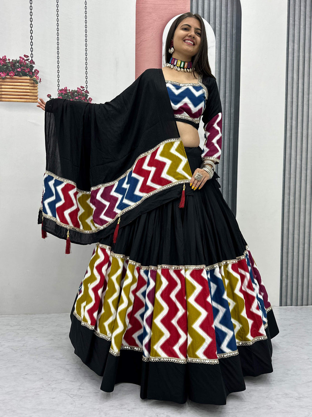 Impressive Black Cotton Lace Work Festive Wear Lehenga Choli