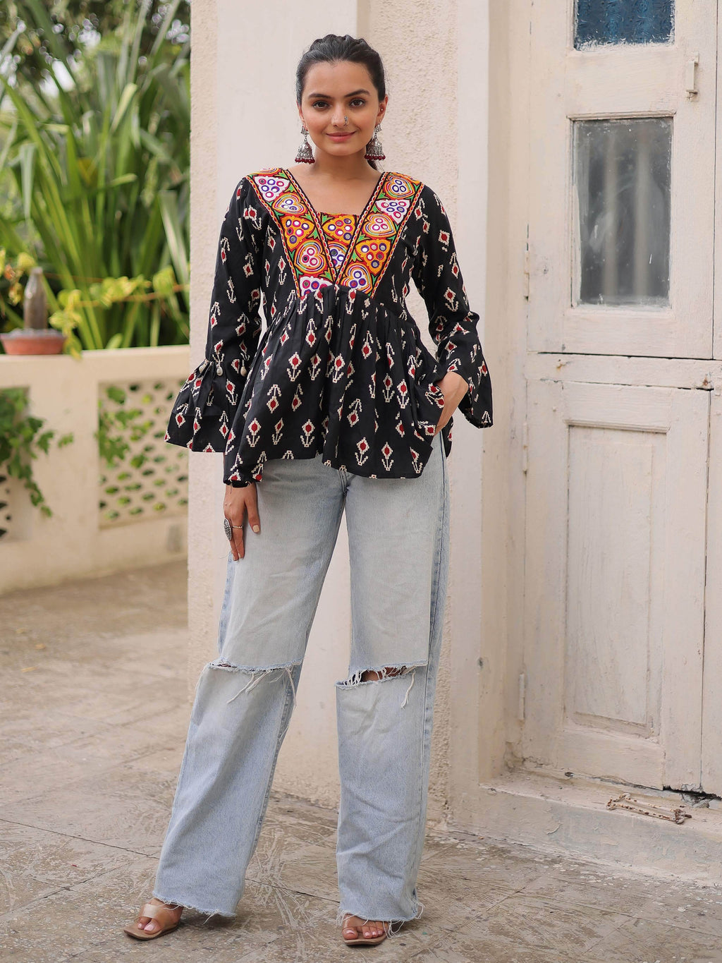 Classy Black Cotton Ikkat Printed Navratri Wear Peplum Top