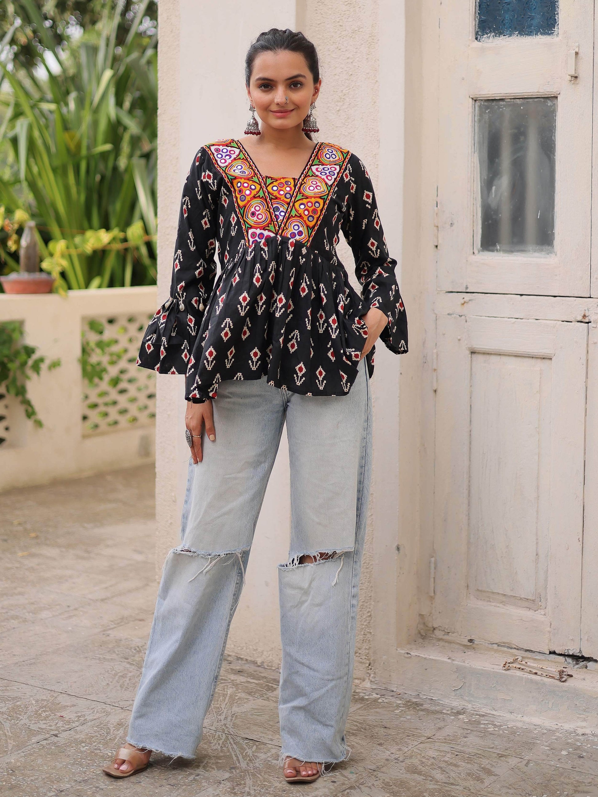 Classy Black Cotton Ikkat Printed Navratri Wear Peplum Top