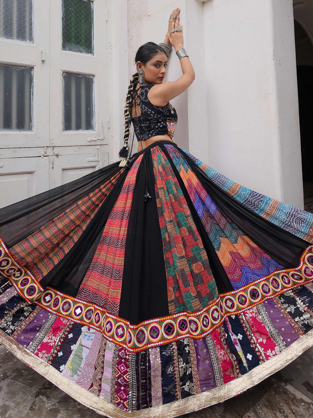 Artistic Black Bandhani Printed Navratri Wear Crop Top Lehenga