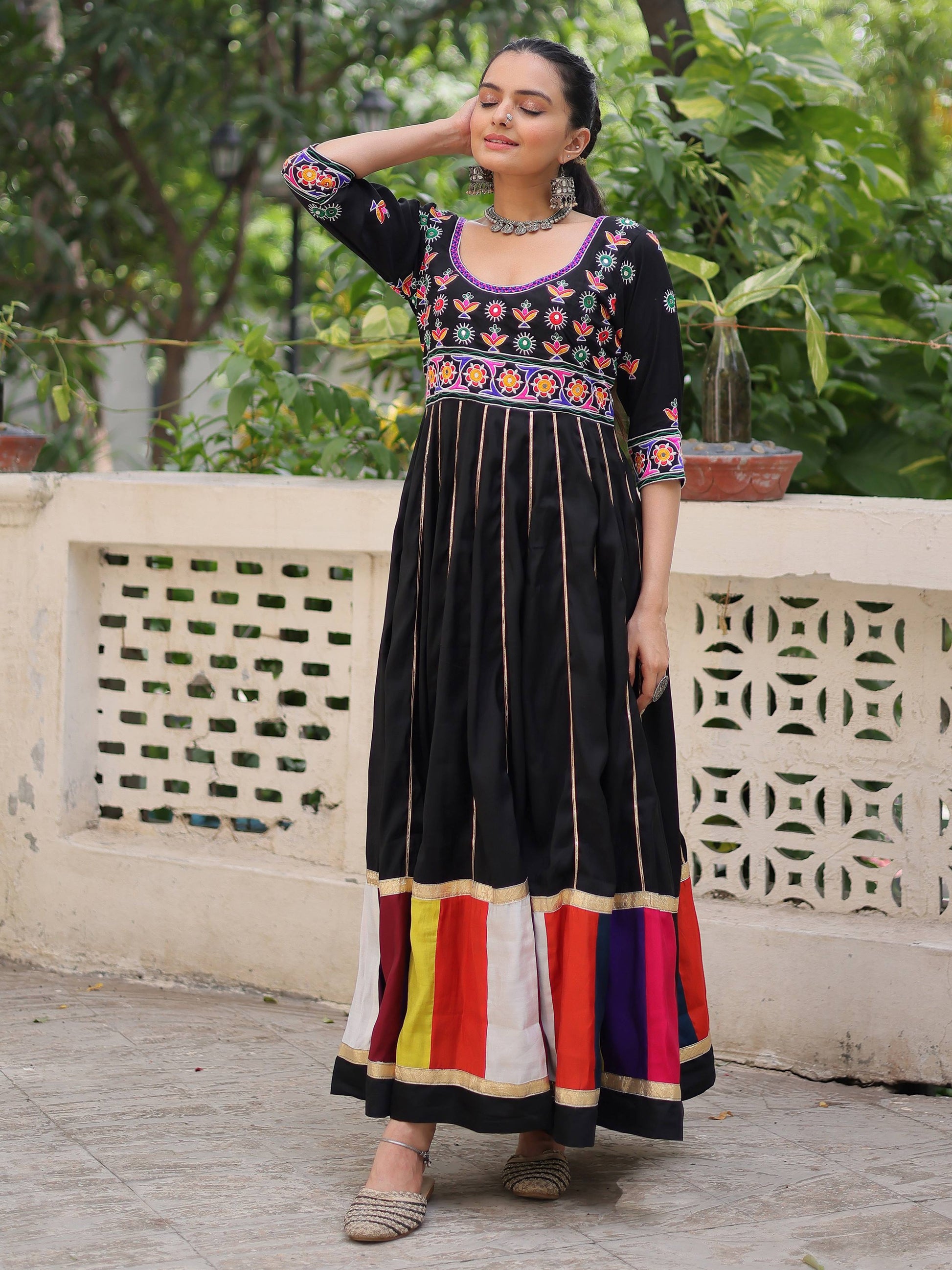 Stunning Black Cotton Thread Work Festival Wear Gown