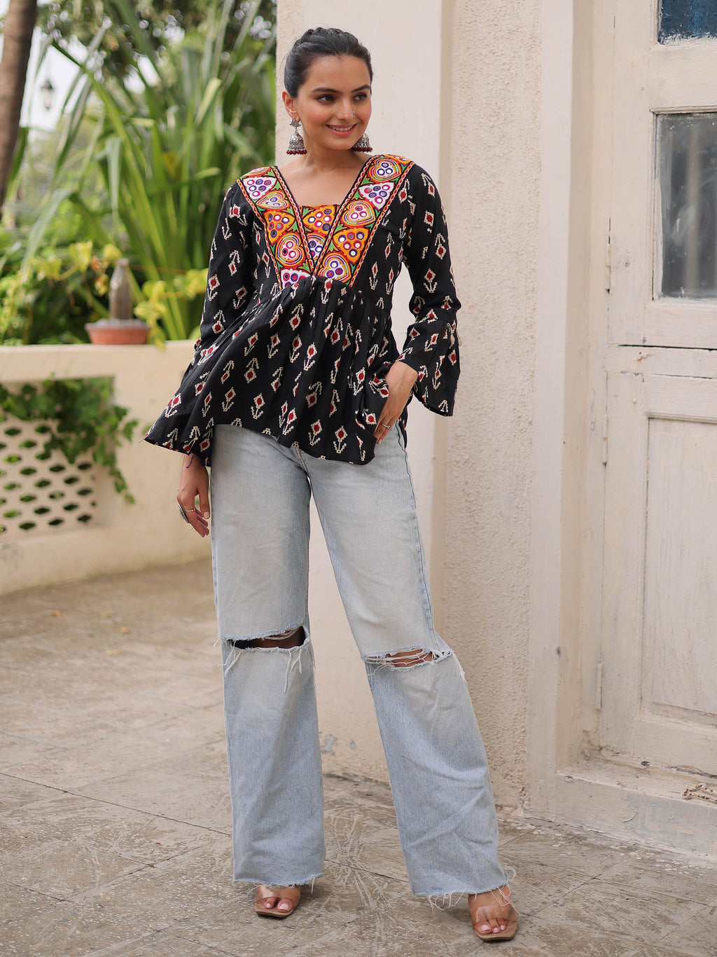 Classy Black Cotton Ikkat Printed Navratri Wear Peplum Top