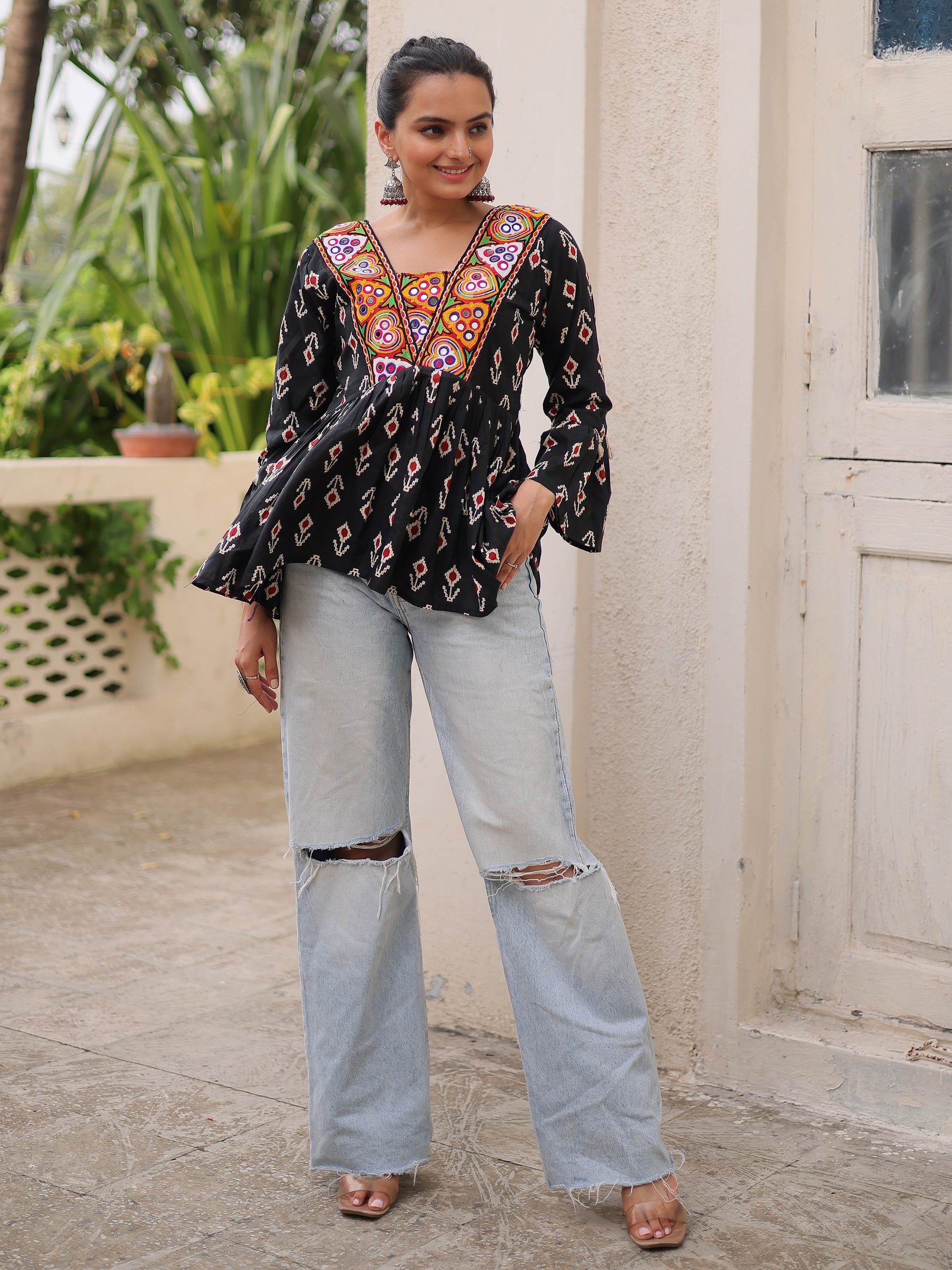 Classy Black Cotton Ikkat Printed Navratri Wear Peplum Top