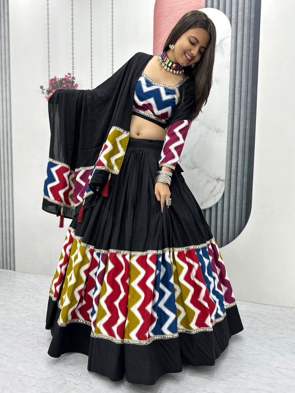 Impressive Black Cotton Lace Work Festive Wear Lehenga Choli