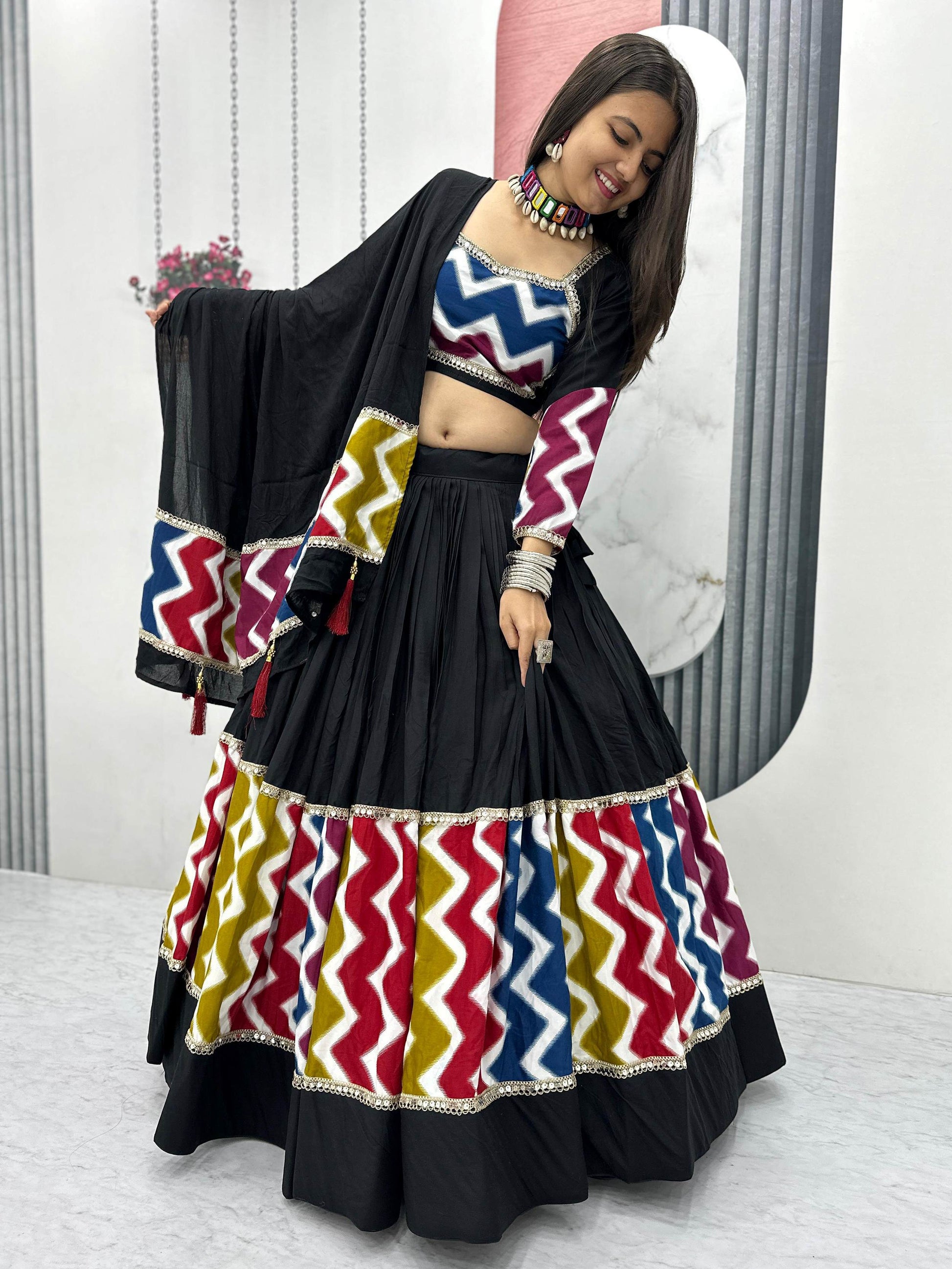 Impressive Black Cotton Lace Work Festive Wear Lehenga Choli