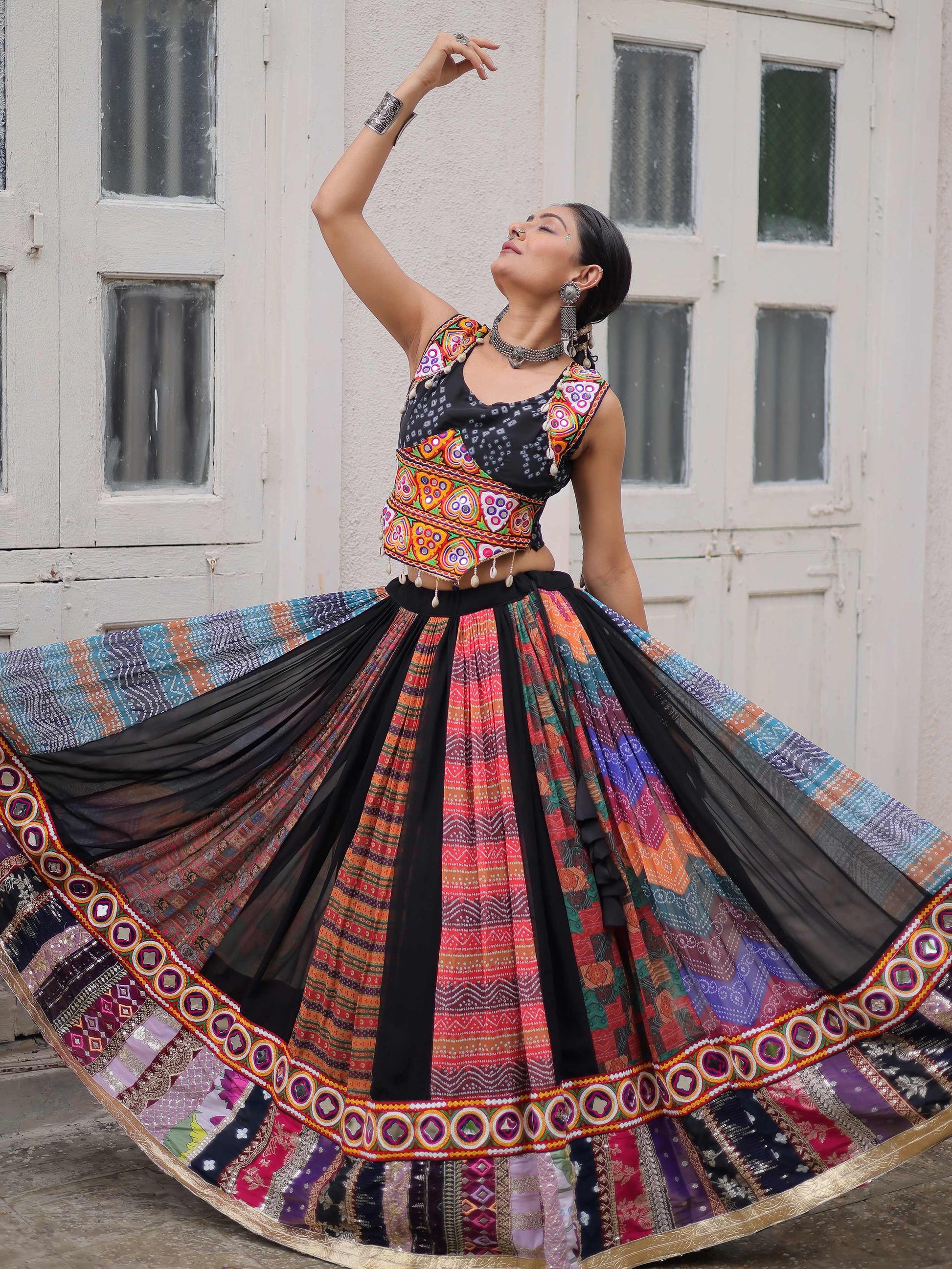 Artistic Black Bandhani Printed Navratri Wear Crop Top Lehenga