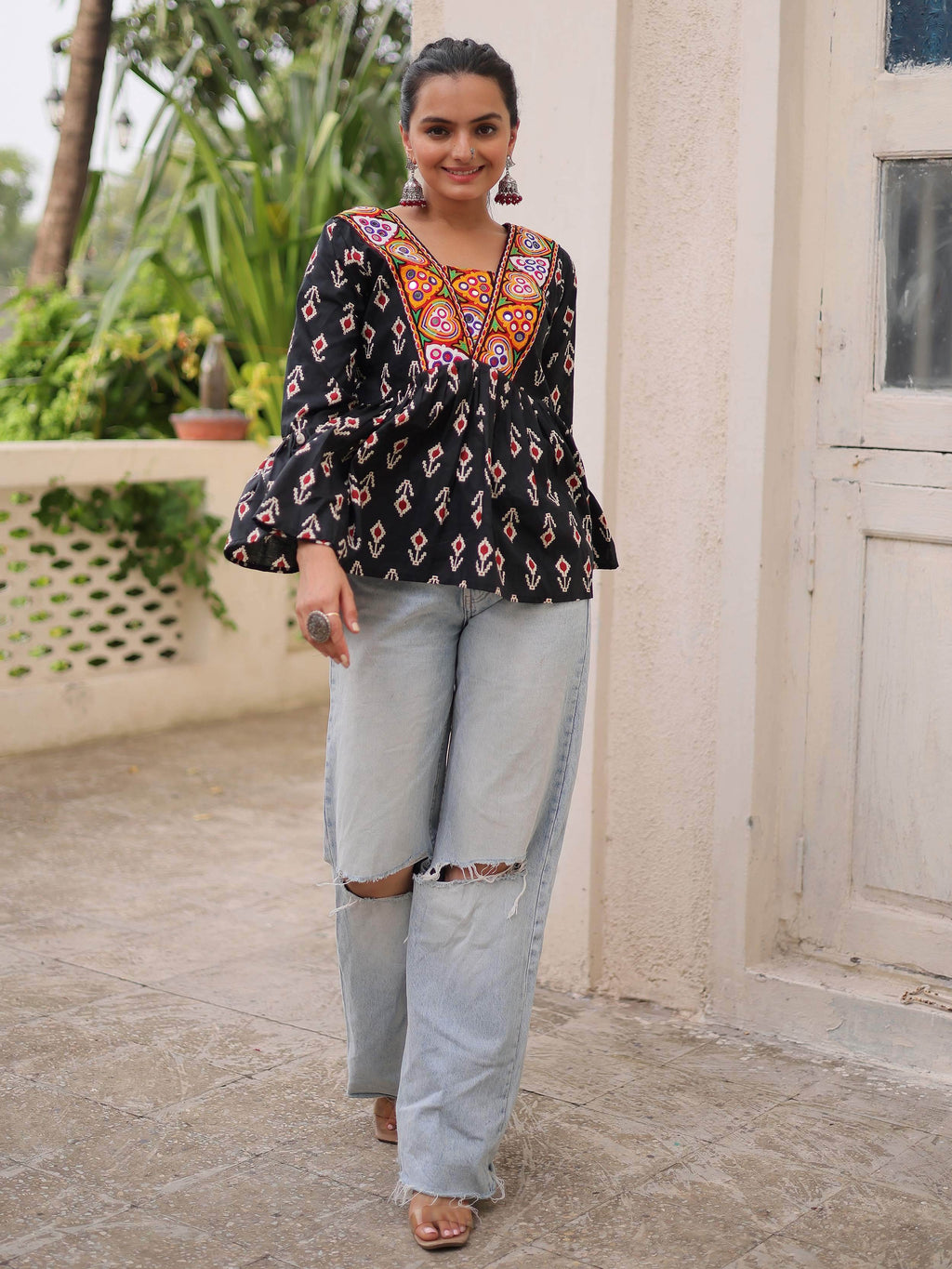 Classy Black Cotton Ikkat Printed Navratri Wear Peplum Top