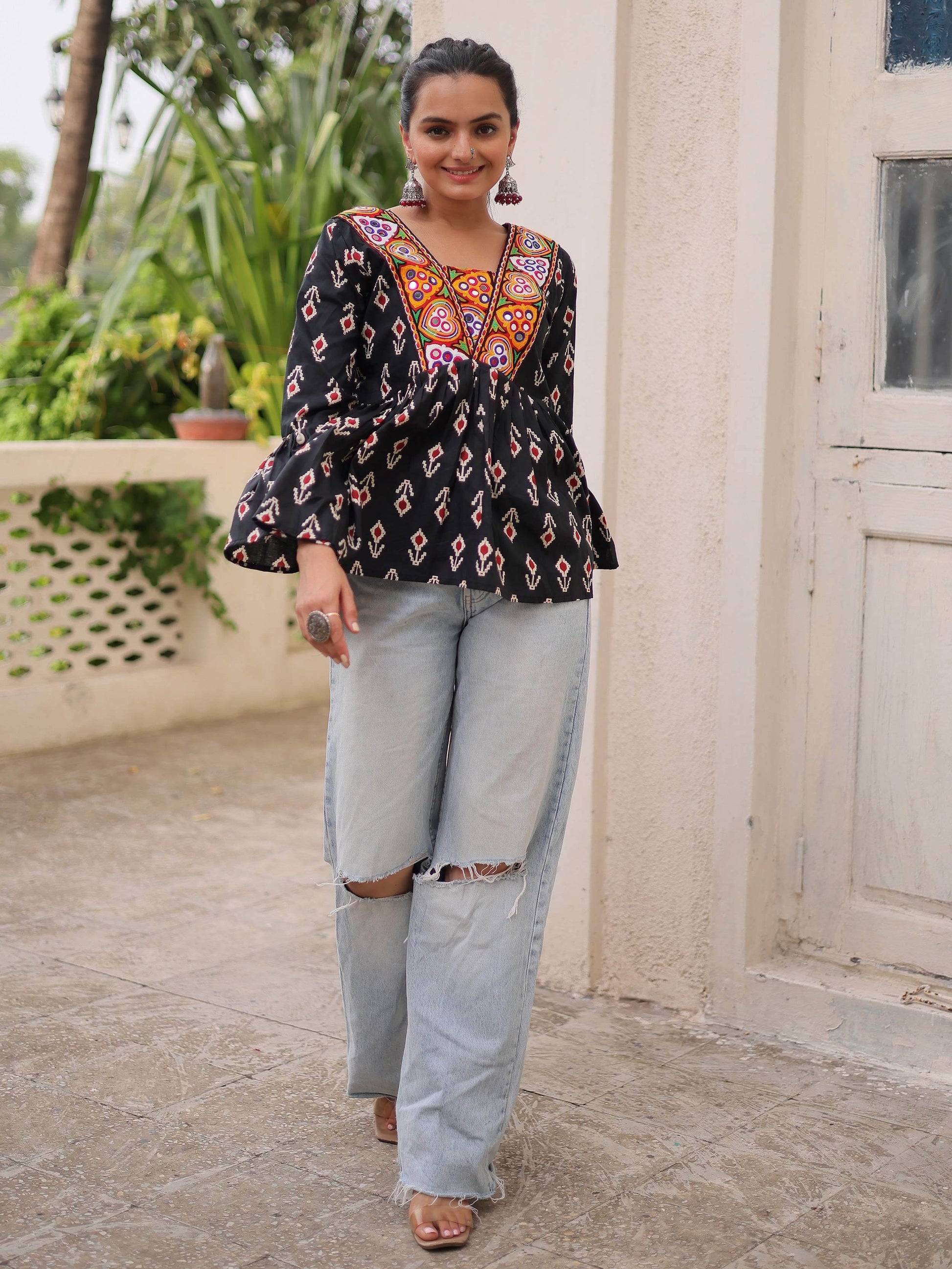 Classy Black Cotton Ikkat Printed Navratri Wear Peplum Top