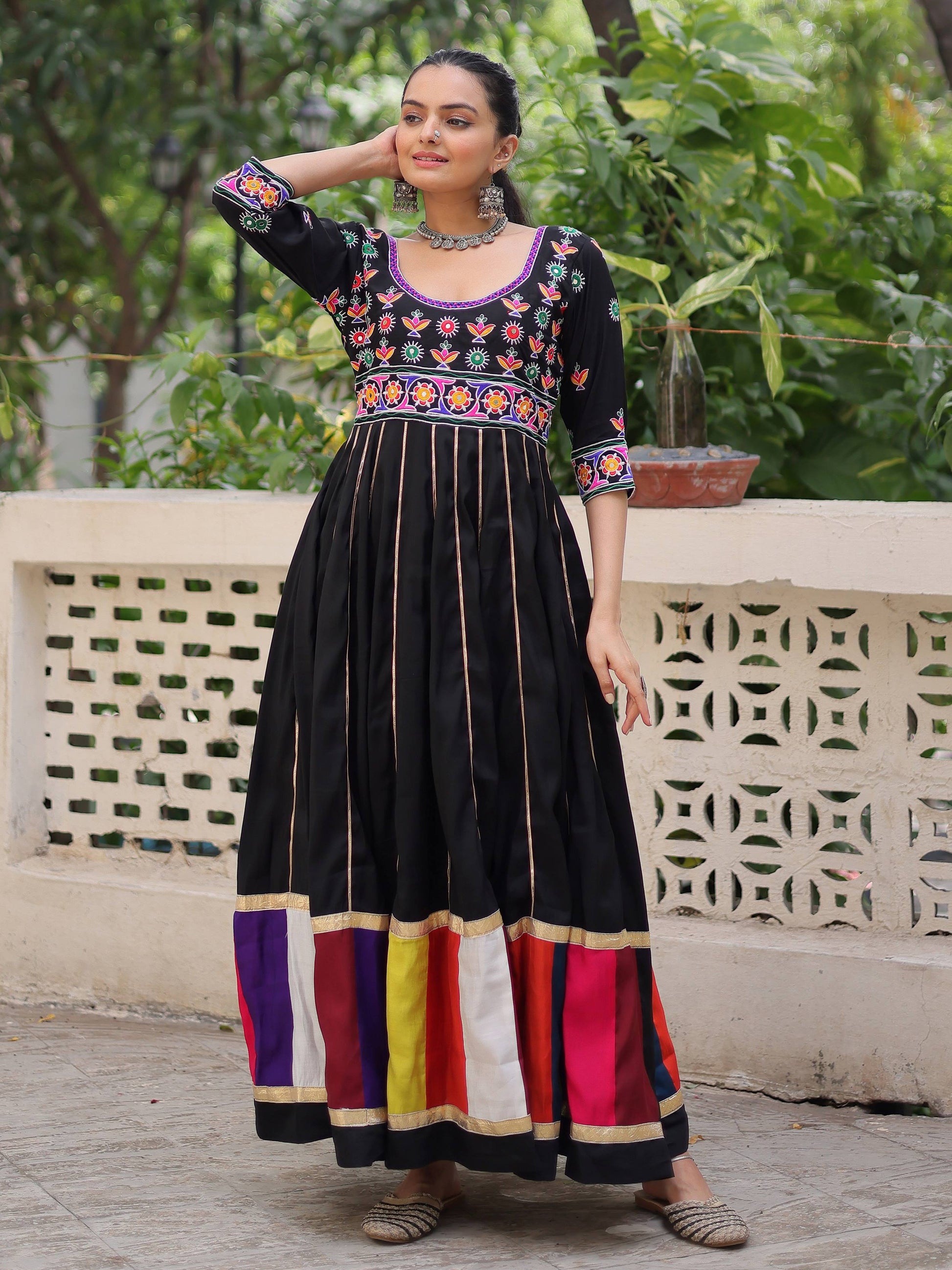 Stunning Black Cotton Thread Work Festival Wear Gown