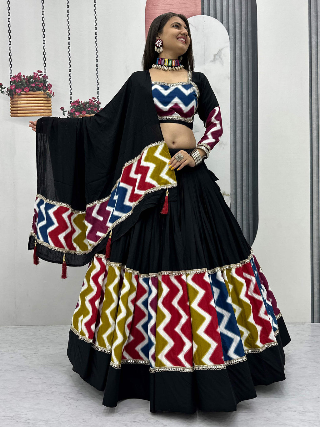 Impressive Black Cotton Lace Work Festive Wear Lehenga Choli