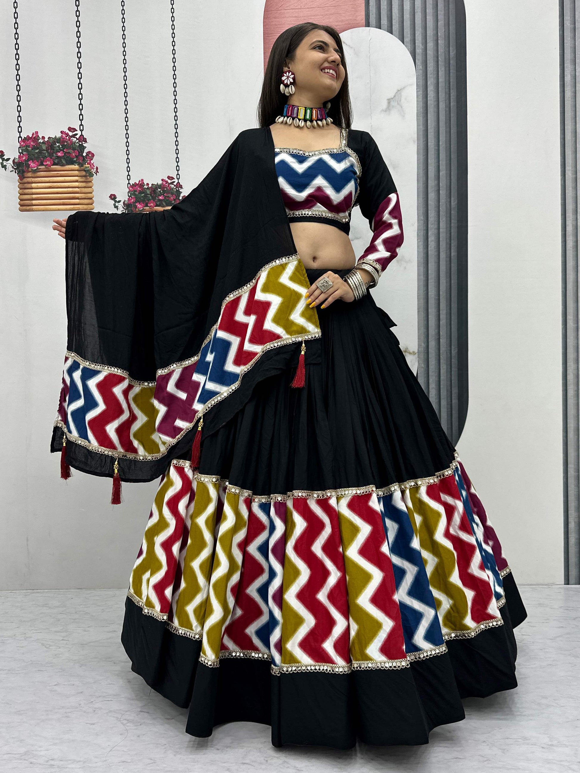 Impressive Black Cotton Lace Work Festive Wear Lehenga Choli