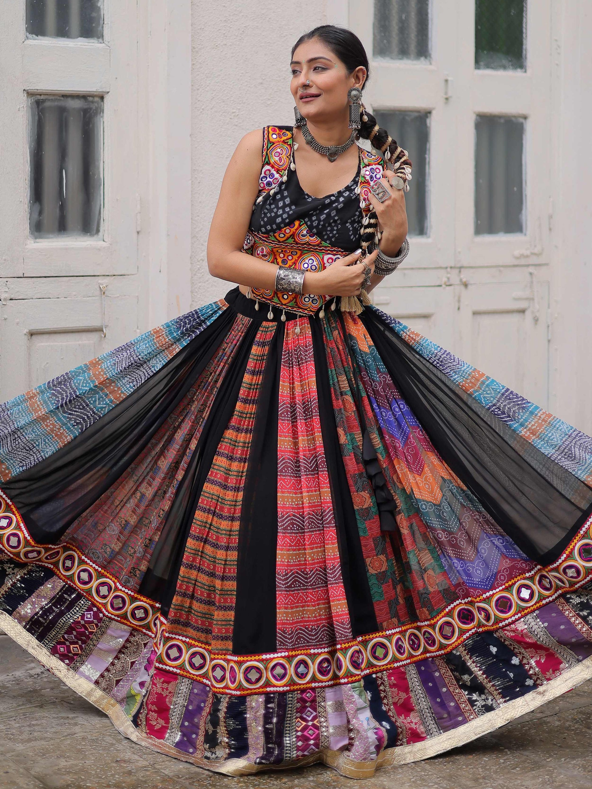 Artistic Black Bandhani Printed Navratri Wear Crop Top Lehenga