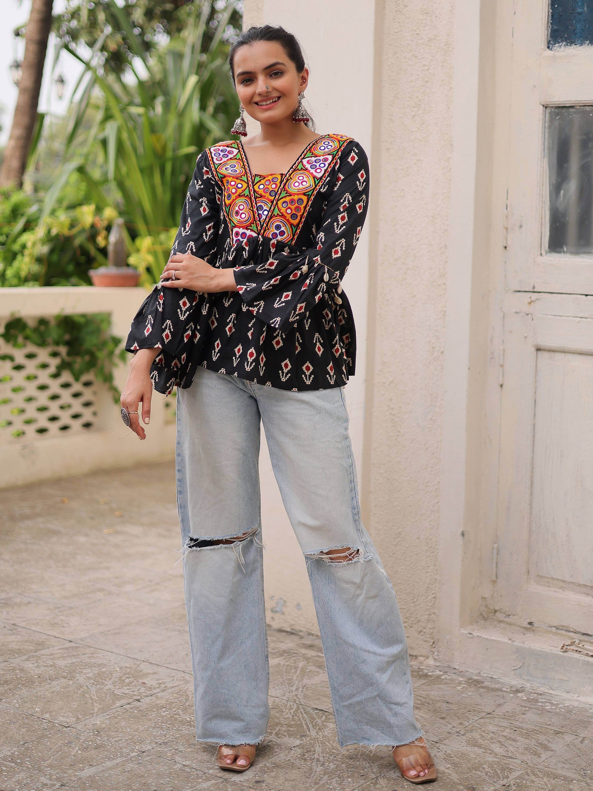 Classy Black Cotton Ikkat Printed Navratri Wear Peplum Top