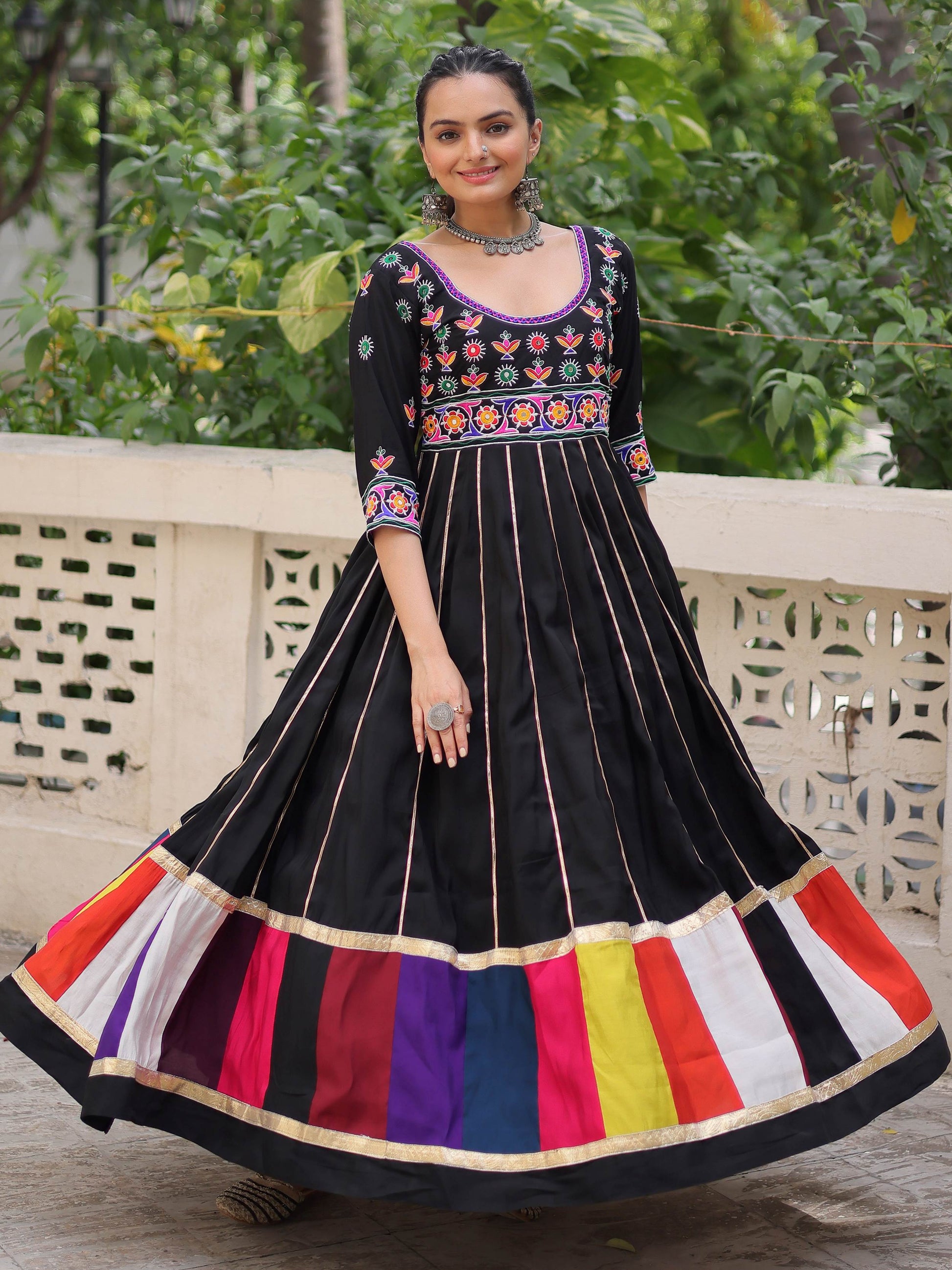 Stunning Black Cotton Thread Work Festival Wear Gown