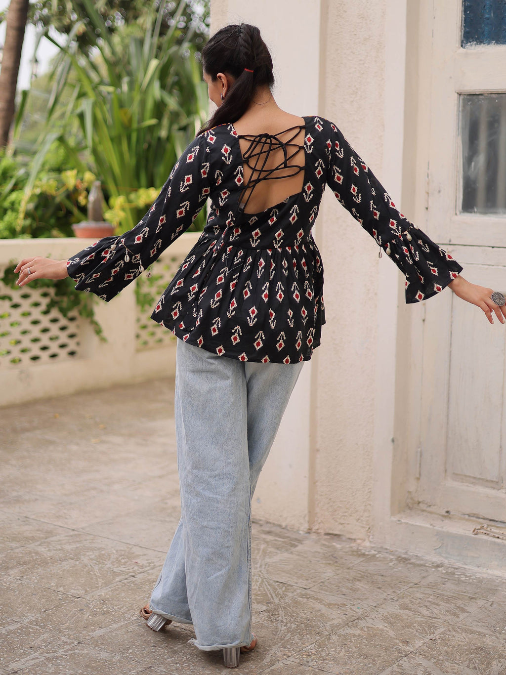 Classy Black Cotton Ikkat Printed Navratri Wear Peplum Top