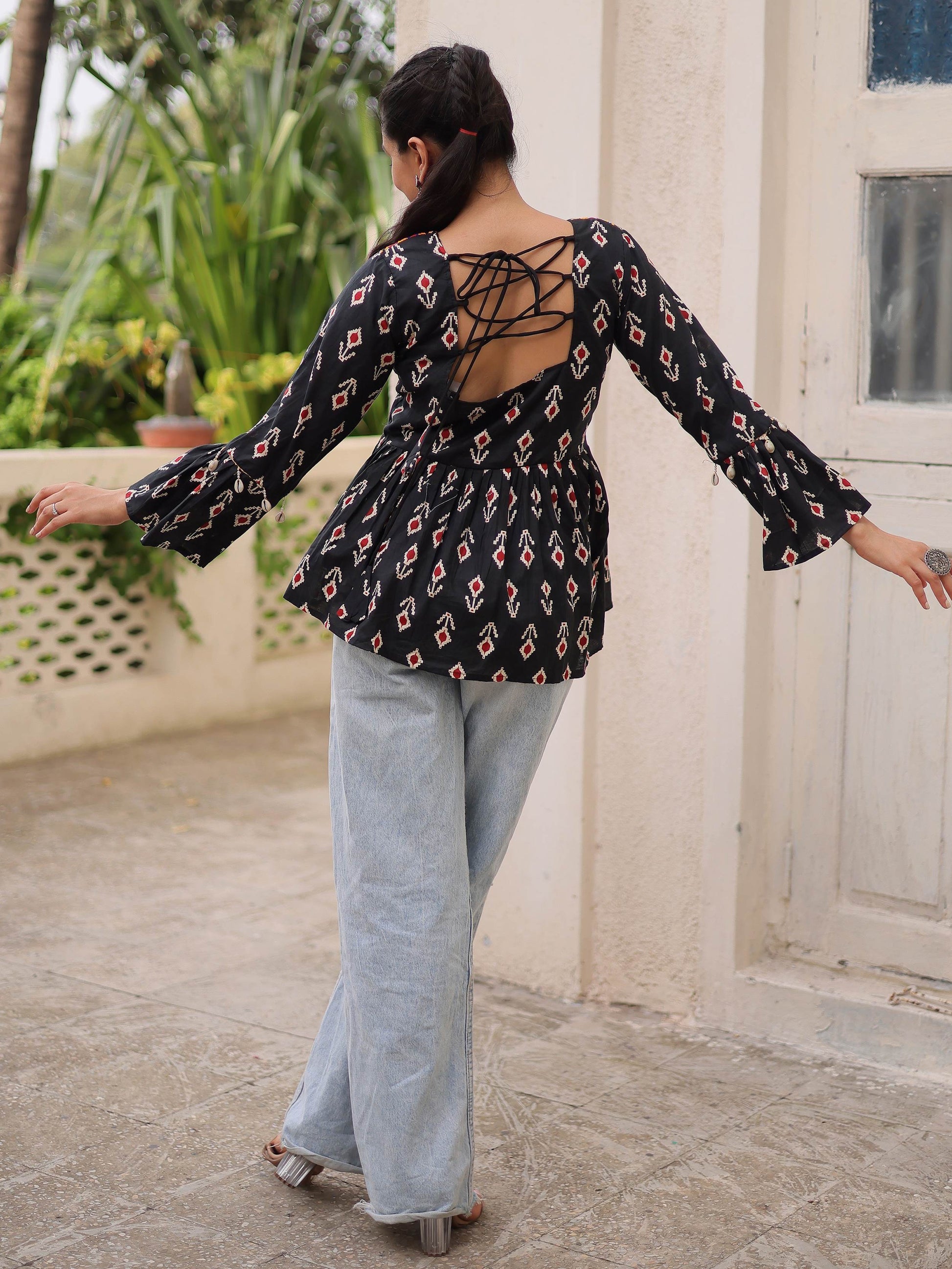 Classy Black Cotton Ikkat Printed Navratri Wear Peplum Top