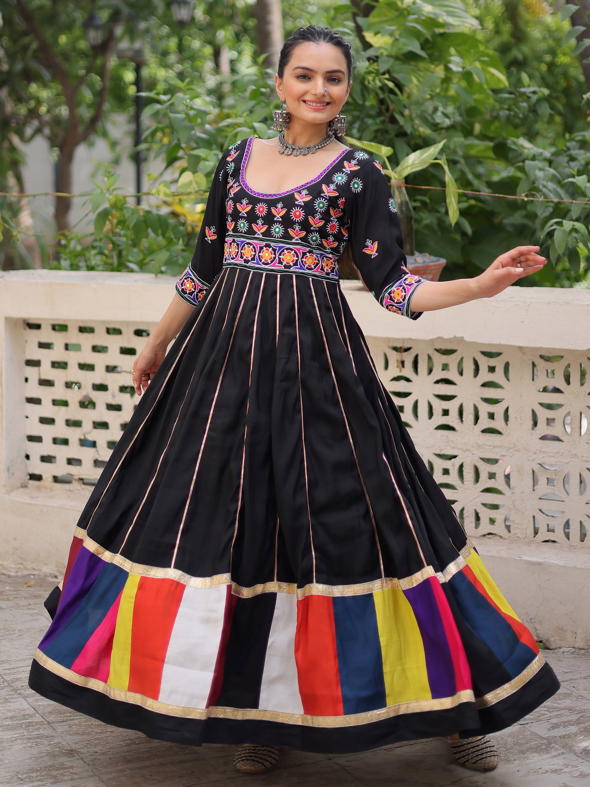 Stunning Black Cotton Thread Work Festival Wear Gown