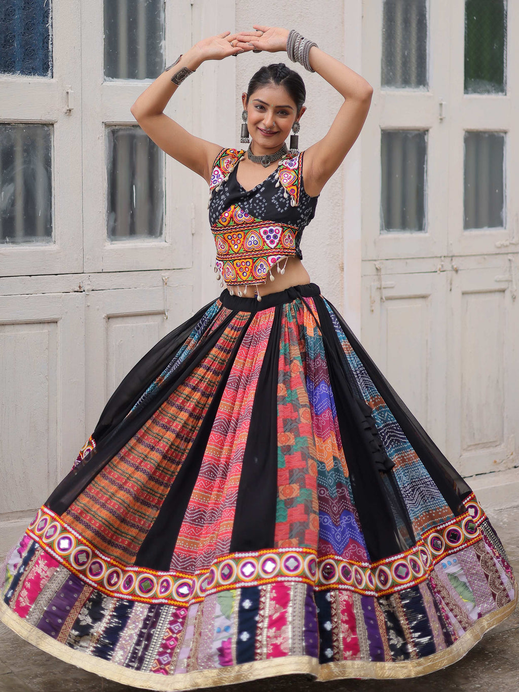 Artistic Black Bandhani Printed Navratri Wear Crop Top Lehenga