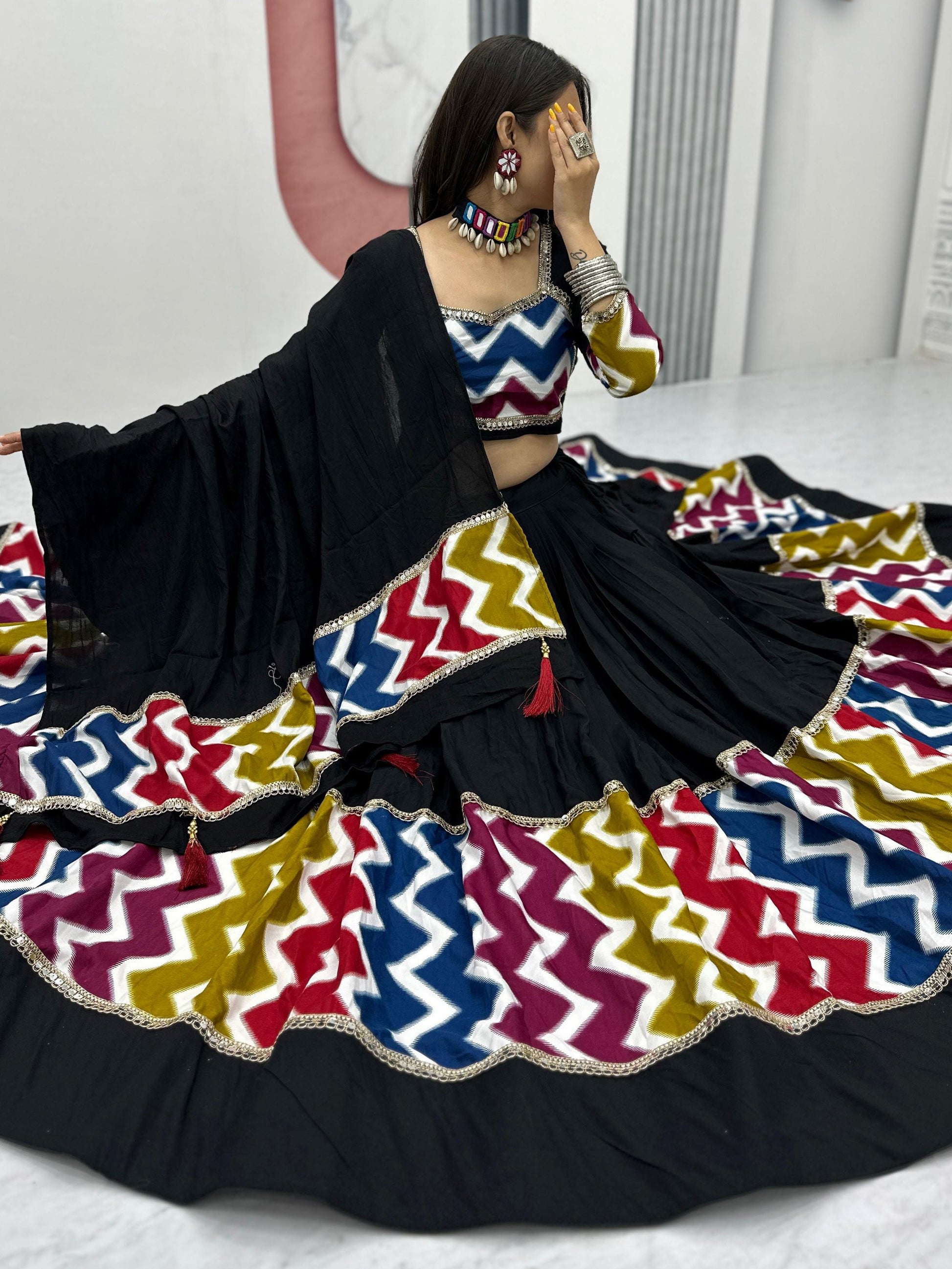 Impressive Black Cotton Lace Work Festive Wear Lehenga Choli