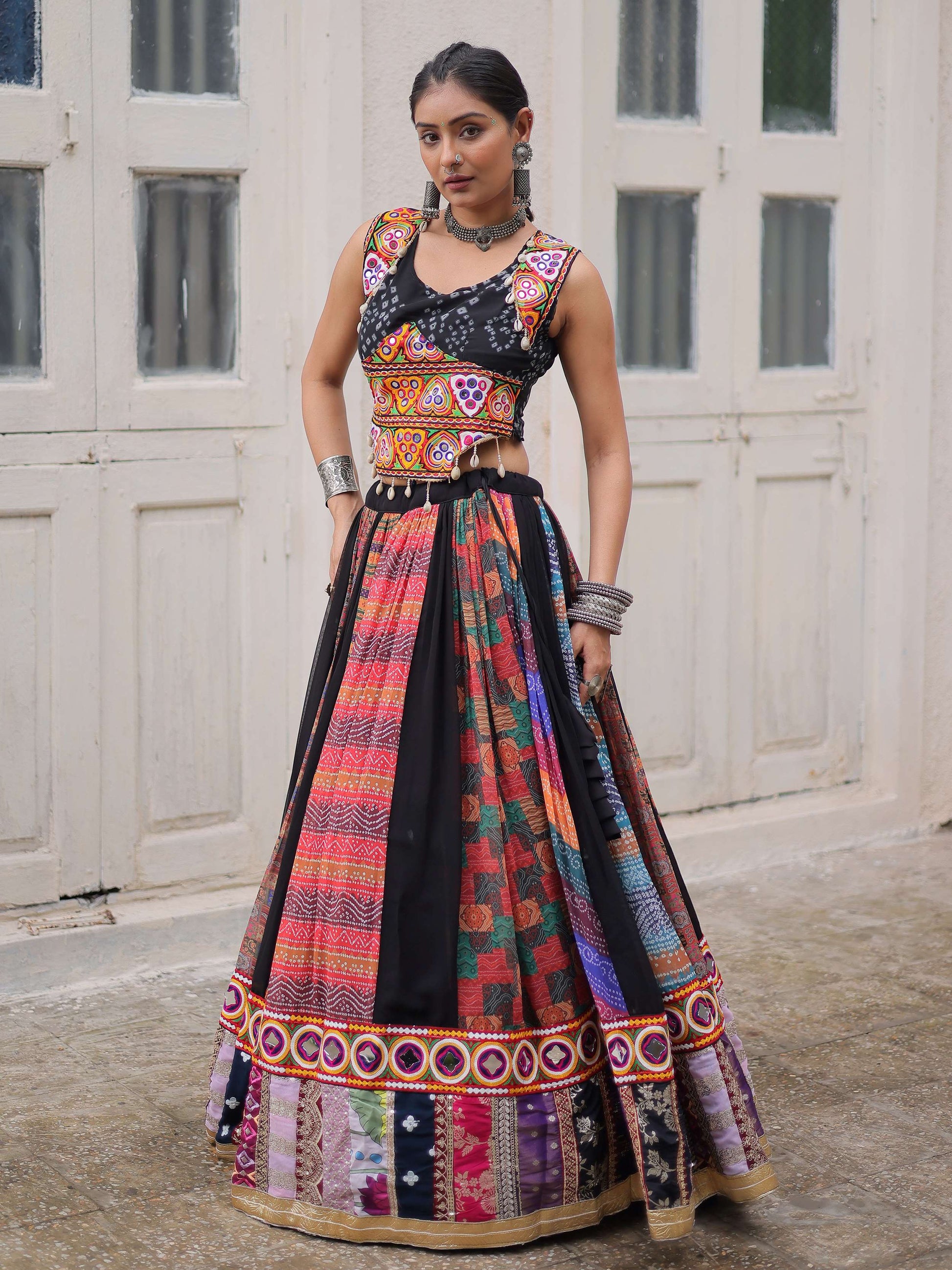Artistic Black Bandhani Printed Navratri Wear Crop Top Lehenga