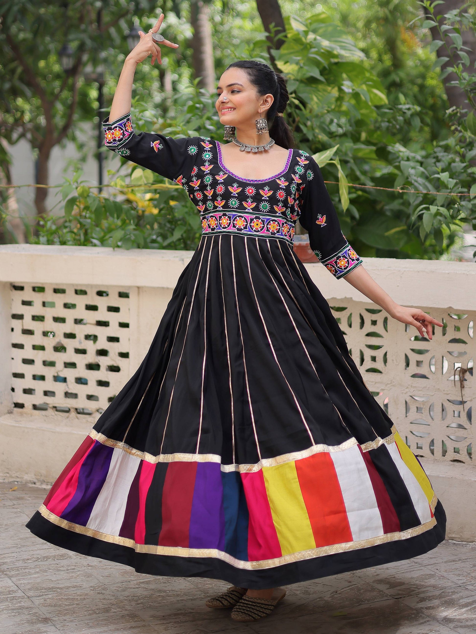 Stunning Black Cotton Thread Work Festival Wear Gown