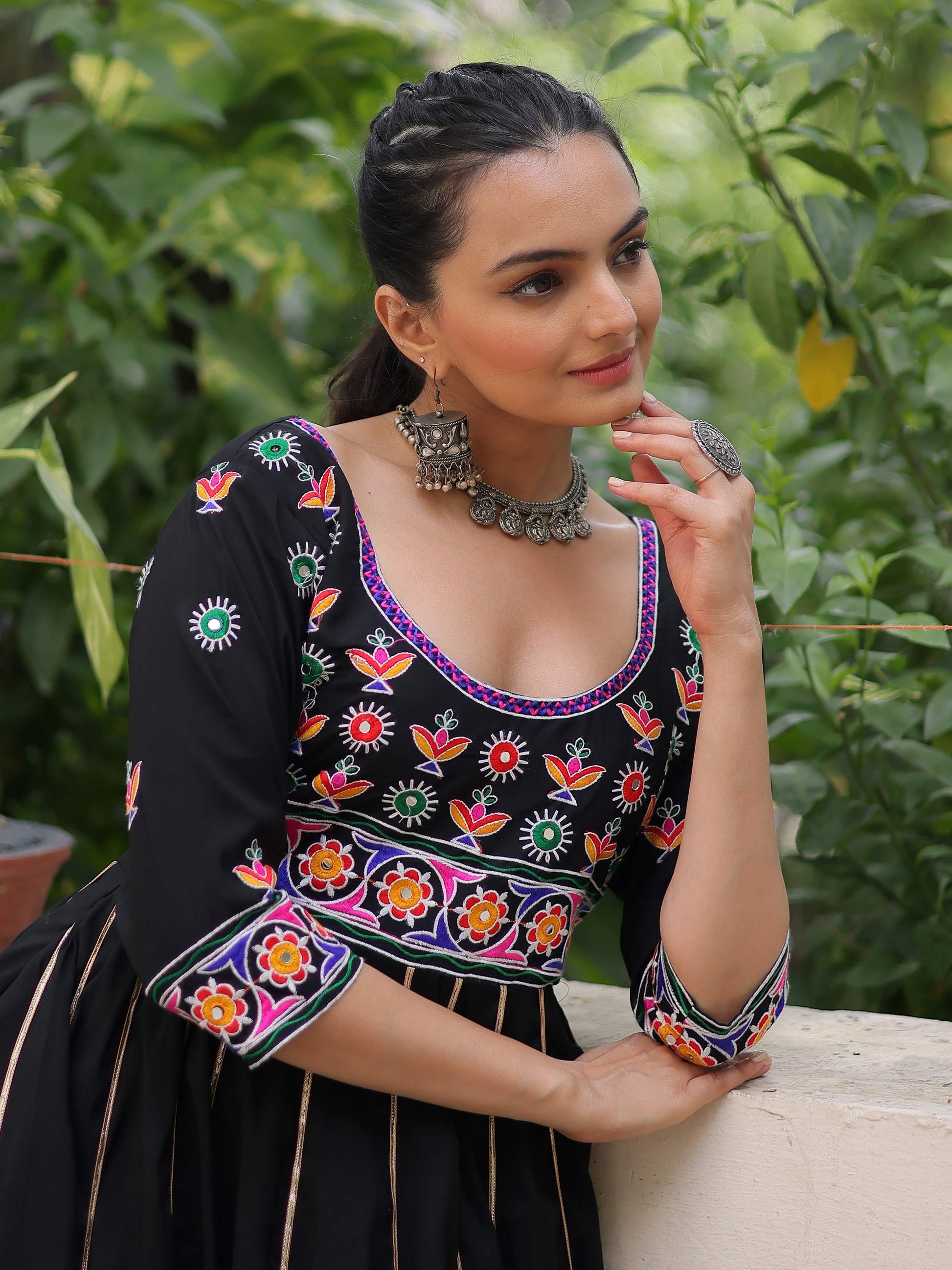 Stunning Black Cotton Thread Work Festival Wear Gown