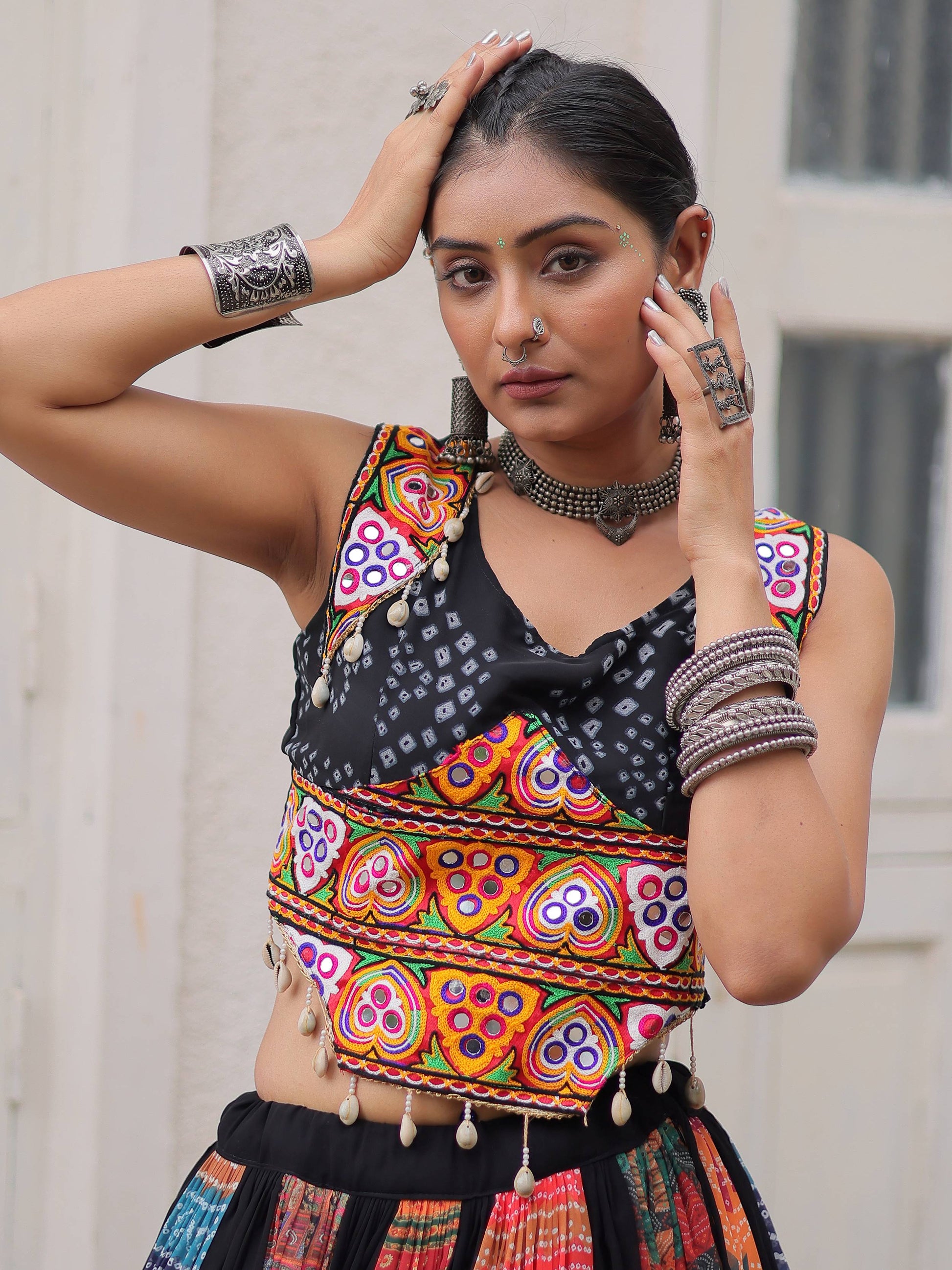 Artistic Black Bandhani Printed Navratri Wear Crop Top Lehenga