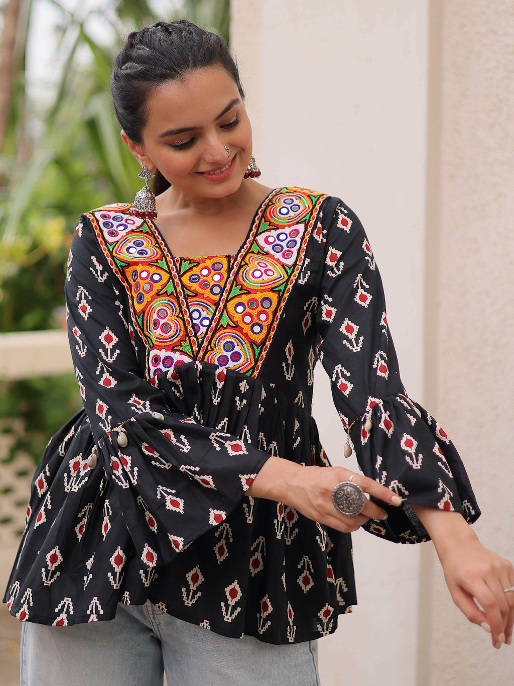 Classy Black Cotton Ikkat Printed Navratri Wear Peplum Top