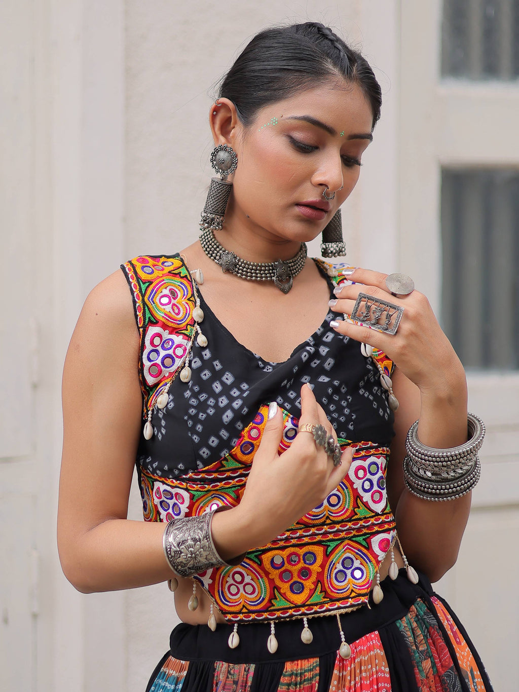 Artistic Black Bandhani Printed Navratri Wear Crop Top Lehenga