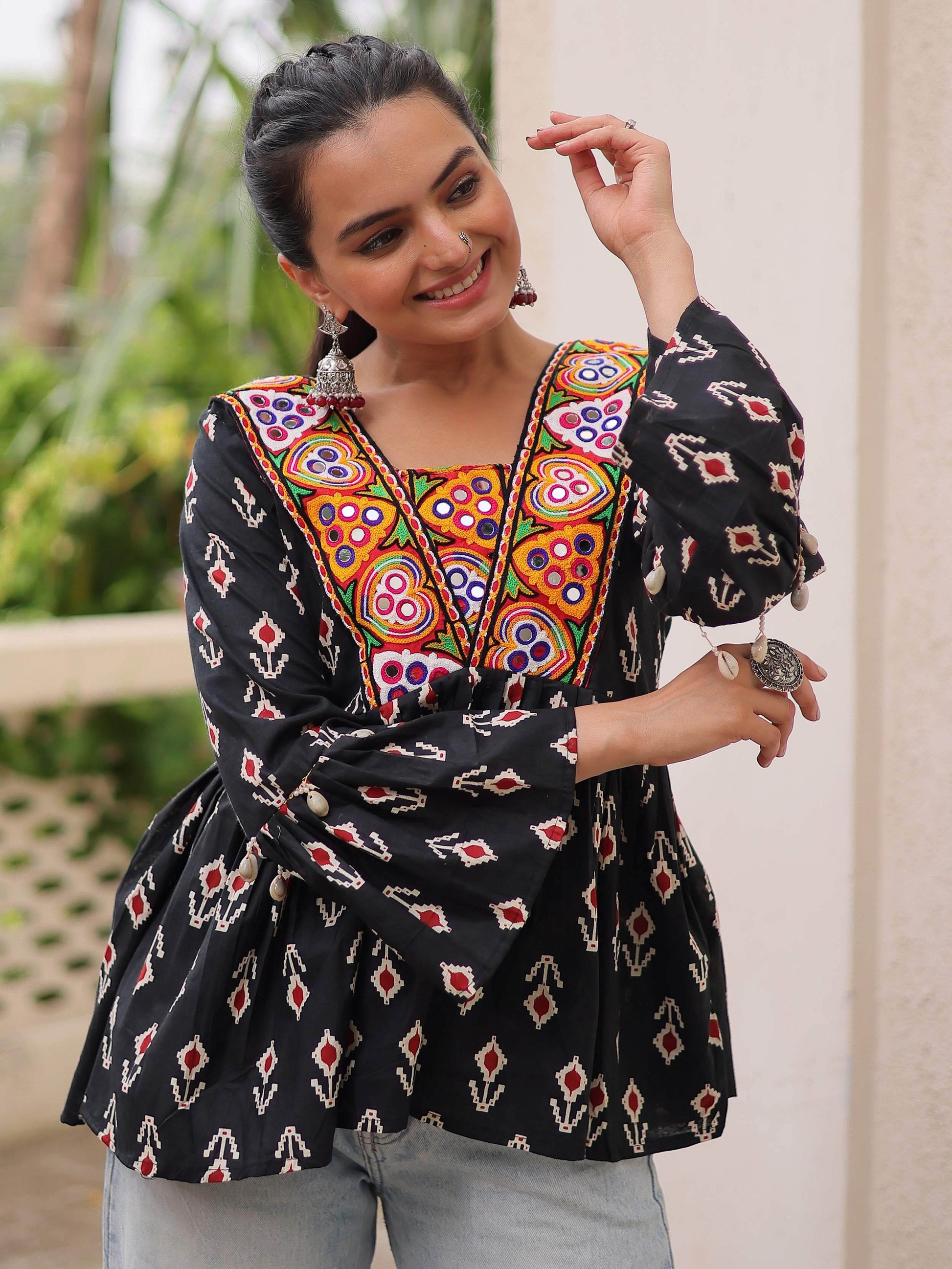 Classy Black Cotton Ikkat Printed Navratri Wear Peplum Top