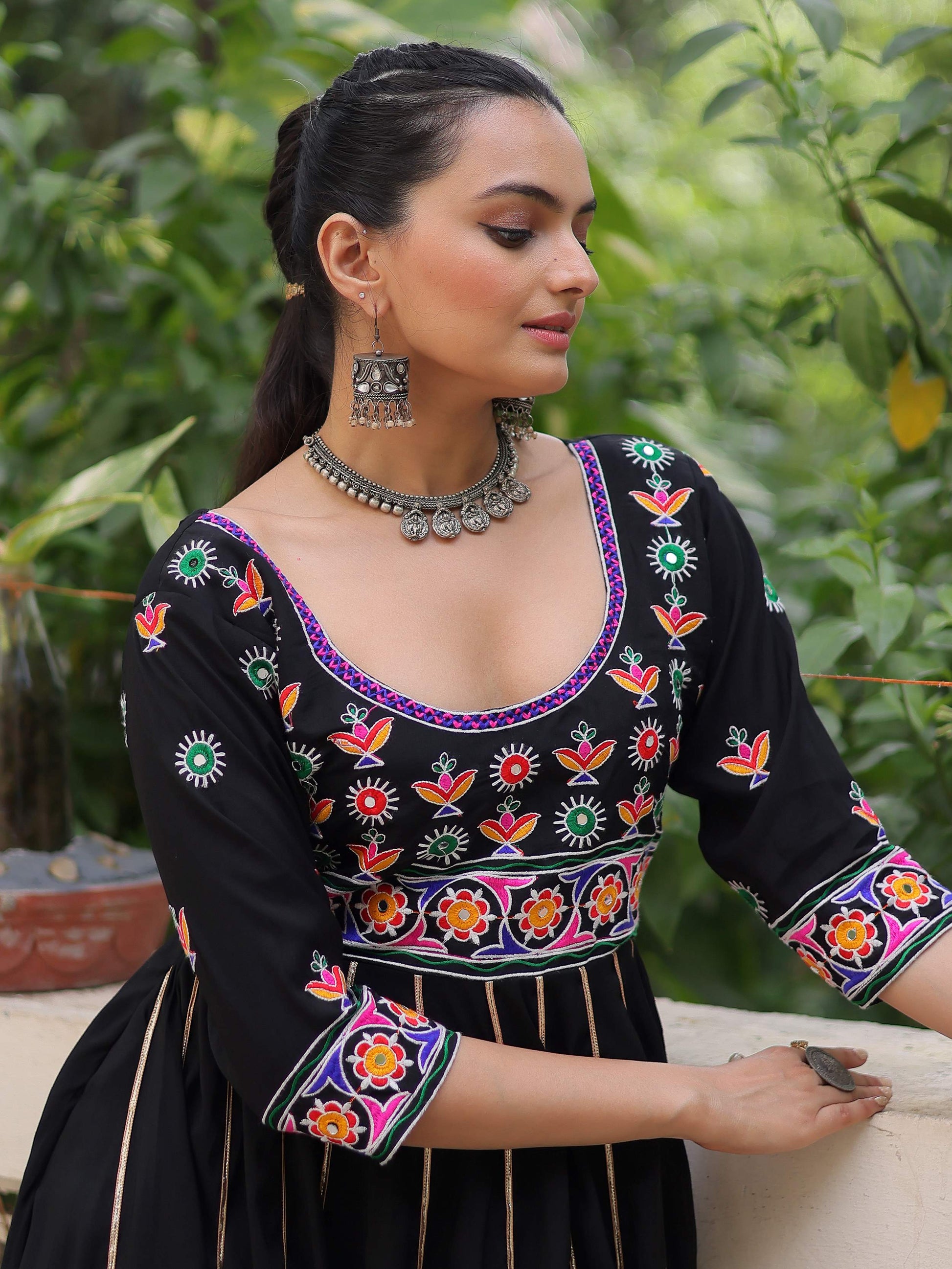 Stunning Black Cotton Thread Work Festival Wear Gown