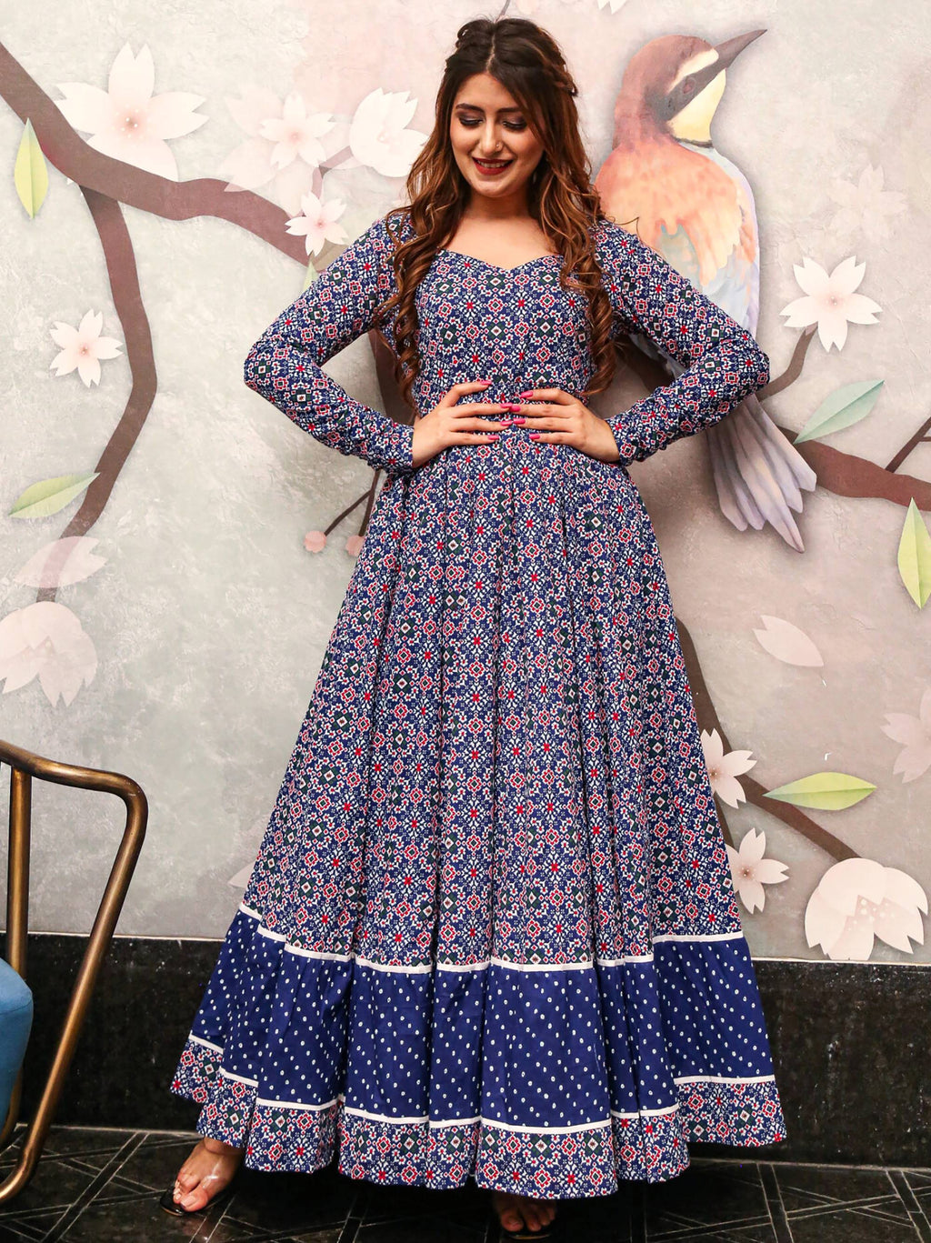 Graceful Blue Crepe Digital Printed Casual Wear Anarkali Gown