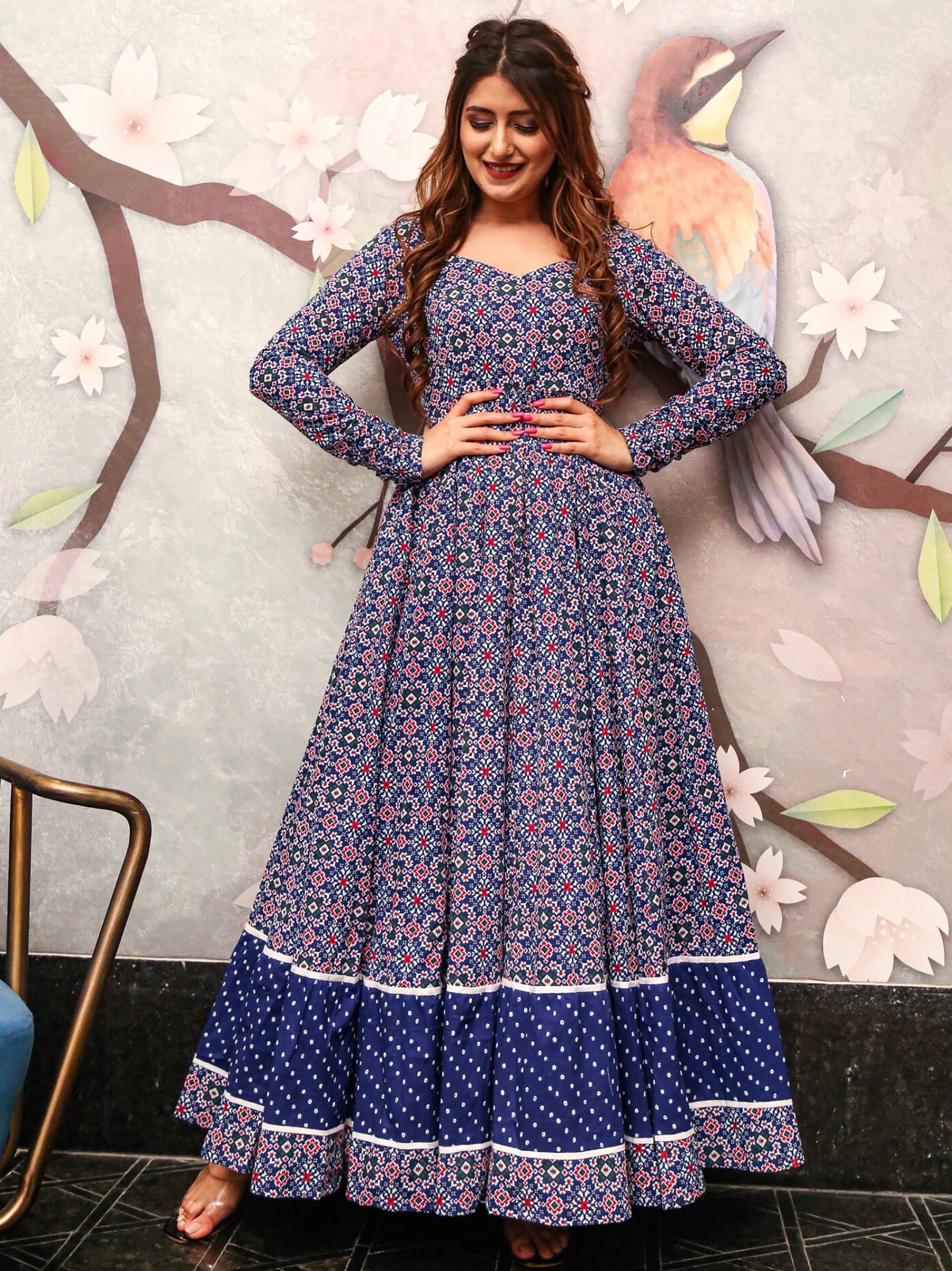 Graceful Blue Crepe Digital Printed Casual Wear Anarkali Gown