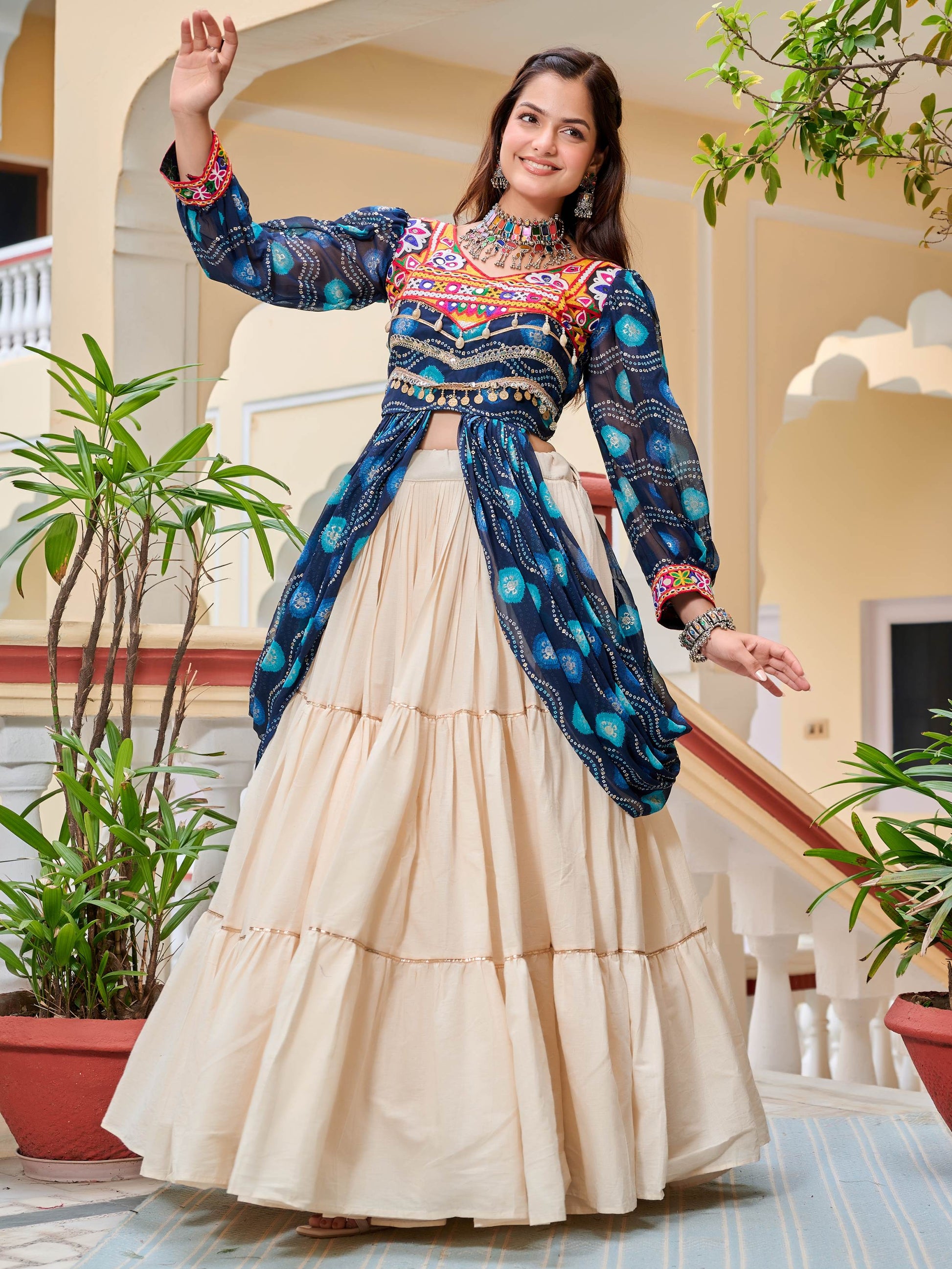 Enchanting Blue Cotton Bandhani Printed Designer Top Lehenga