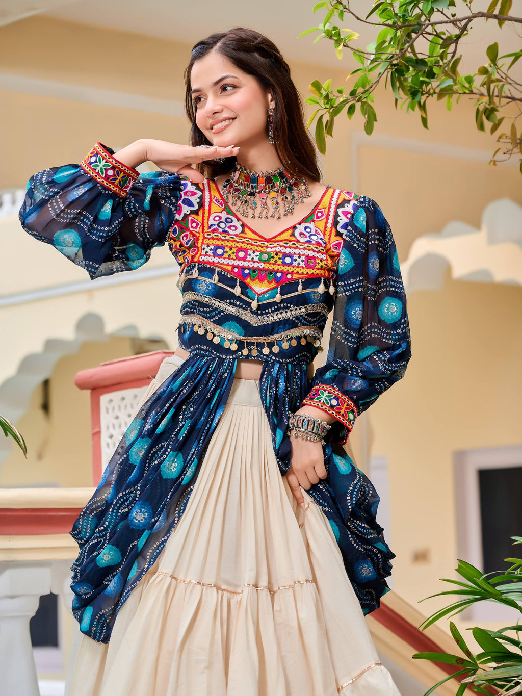 Enchanting Blue Cotton Bandhani Printed Designer Top Lehenga