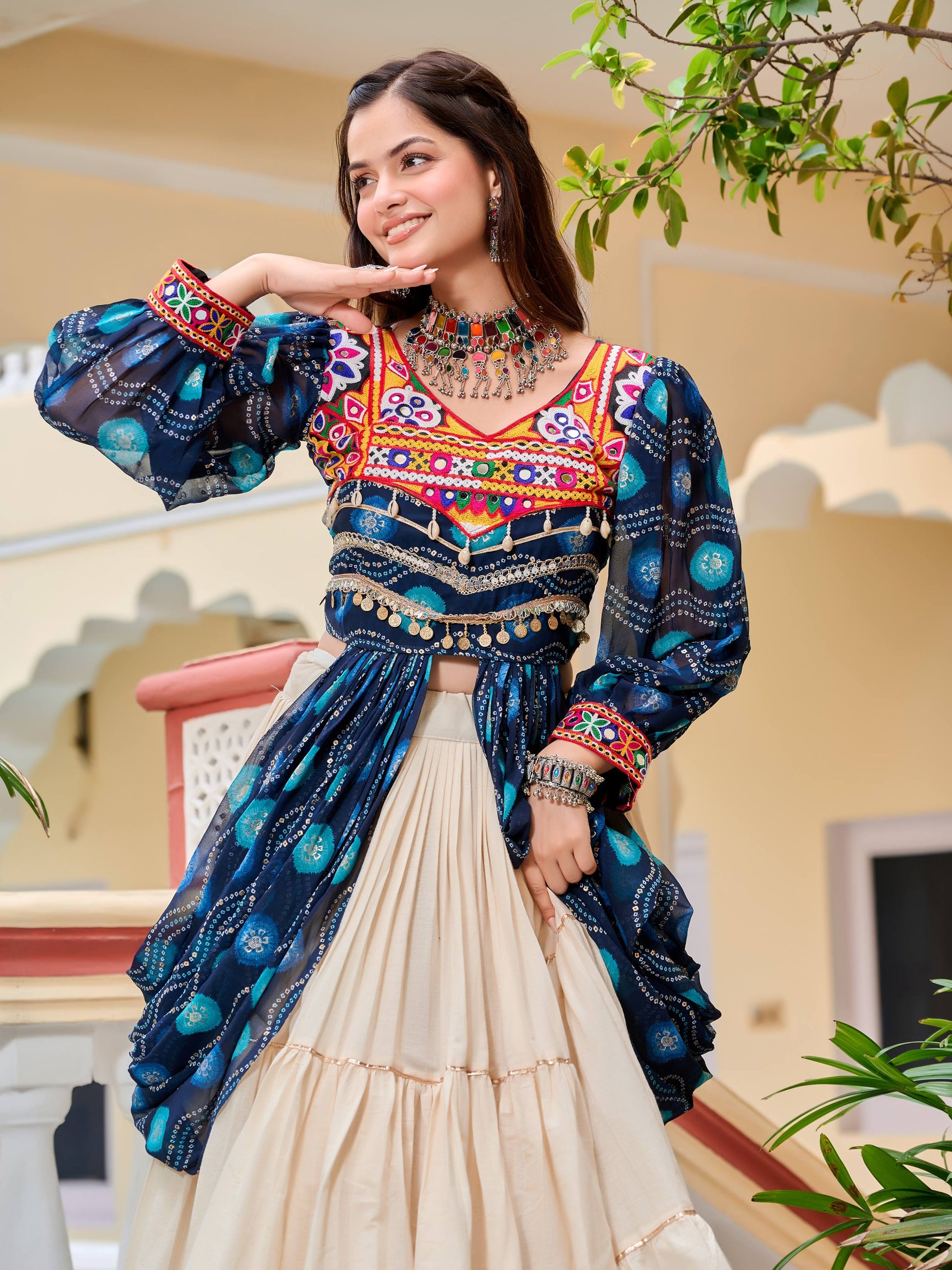 Enchanting Blue Cotton Bandhani Printed Designer Top Lehenga