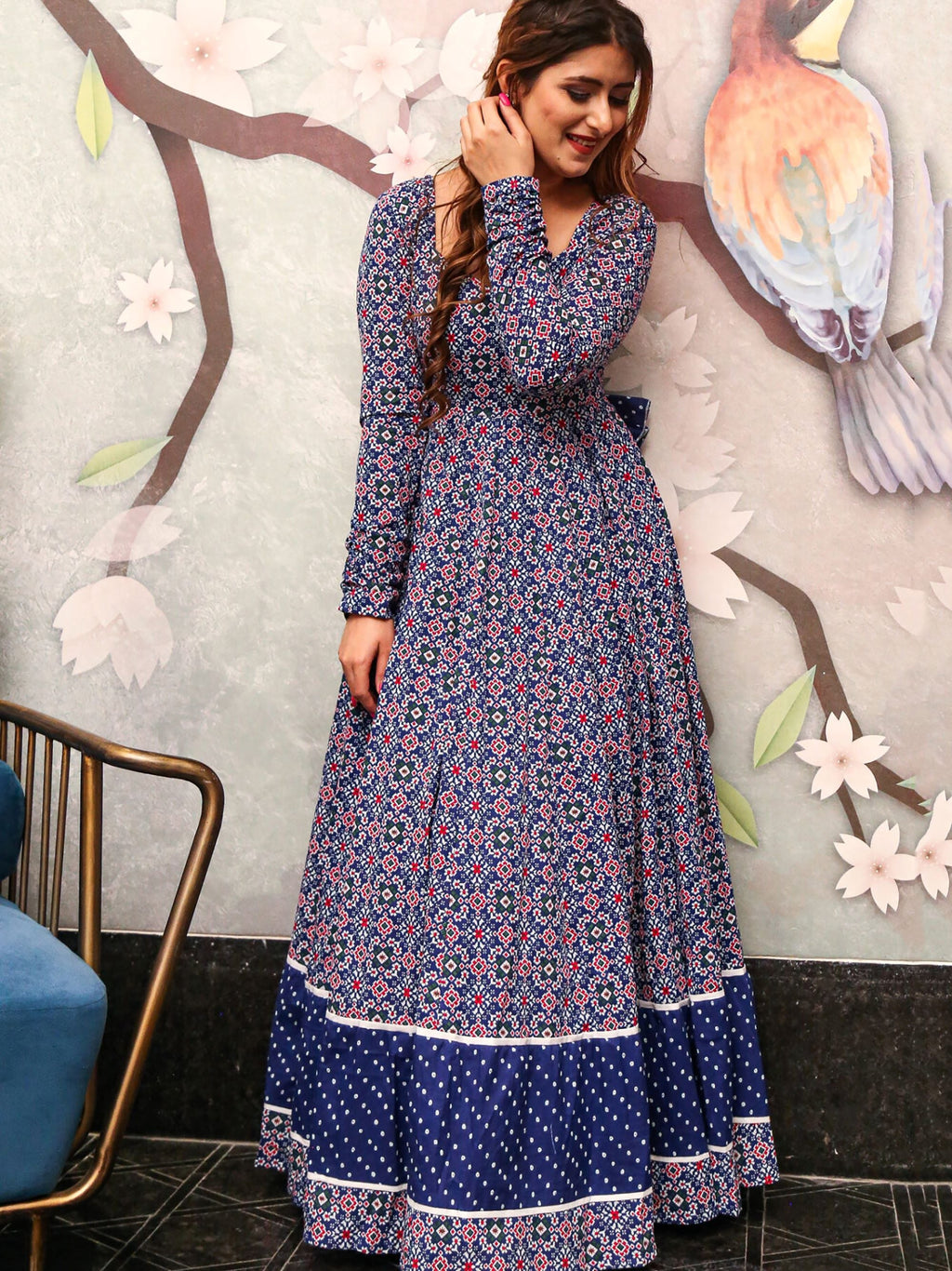 Graceful Blue Crepe Digital Printed Casual Wear Anarkali Gown