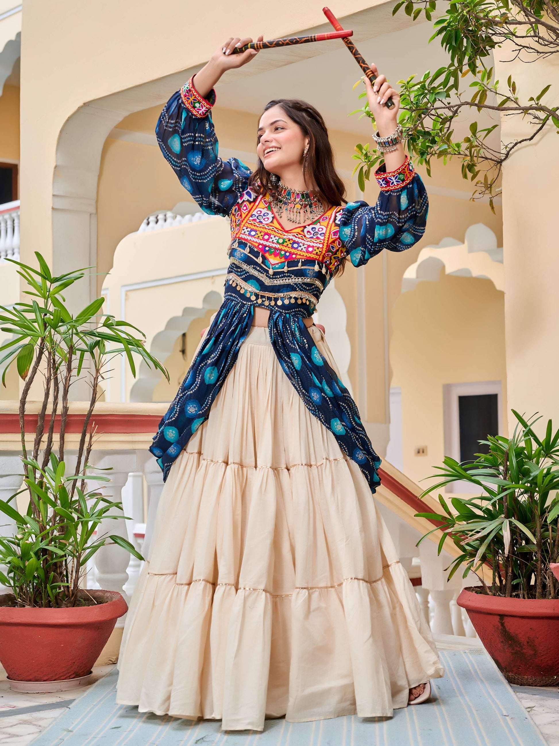 Enchanting Blue Cotton Bandhani Printed Designer Top Lehenga