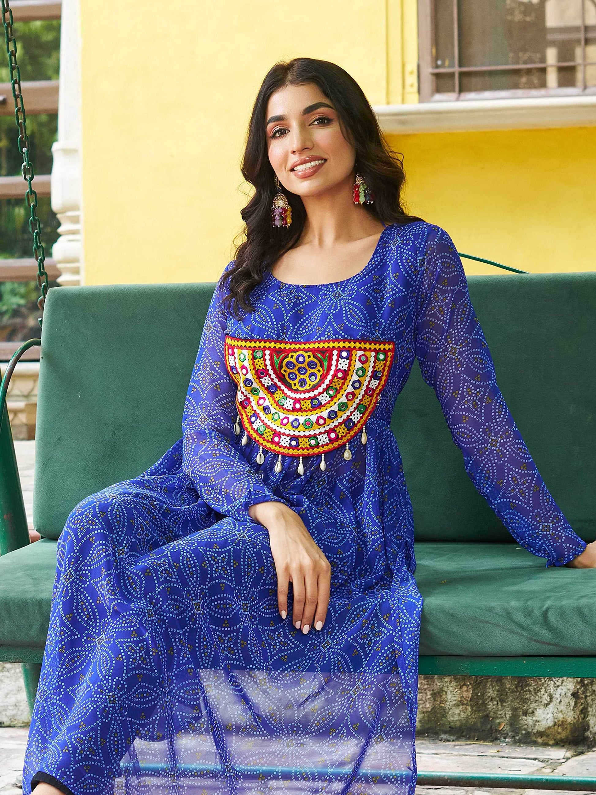 Timeless Blue Georgette Gamthi Work Festival Wear Kurti