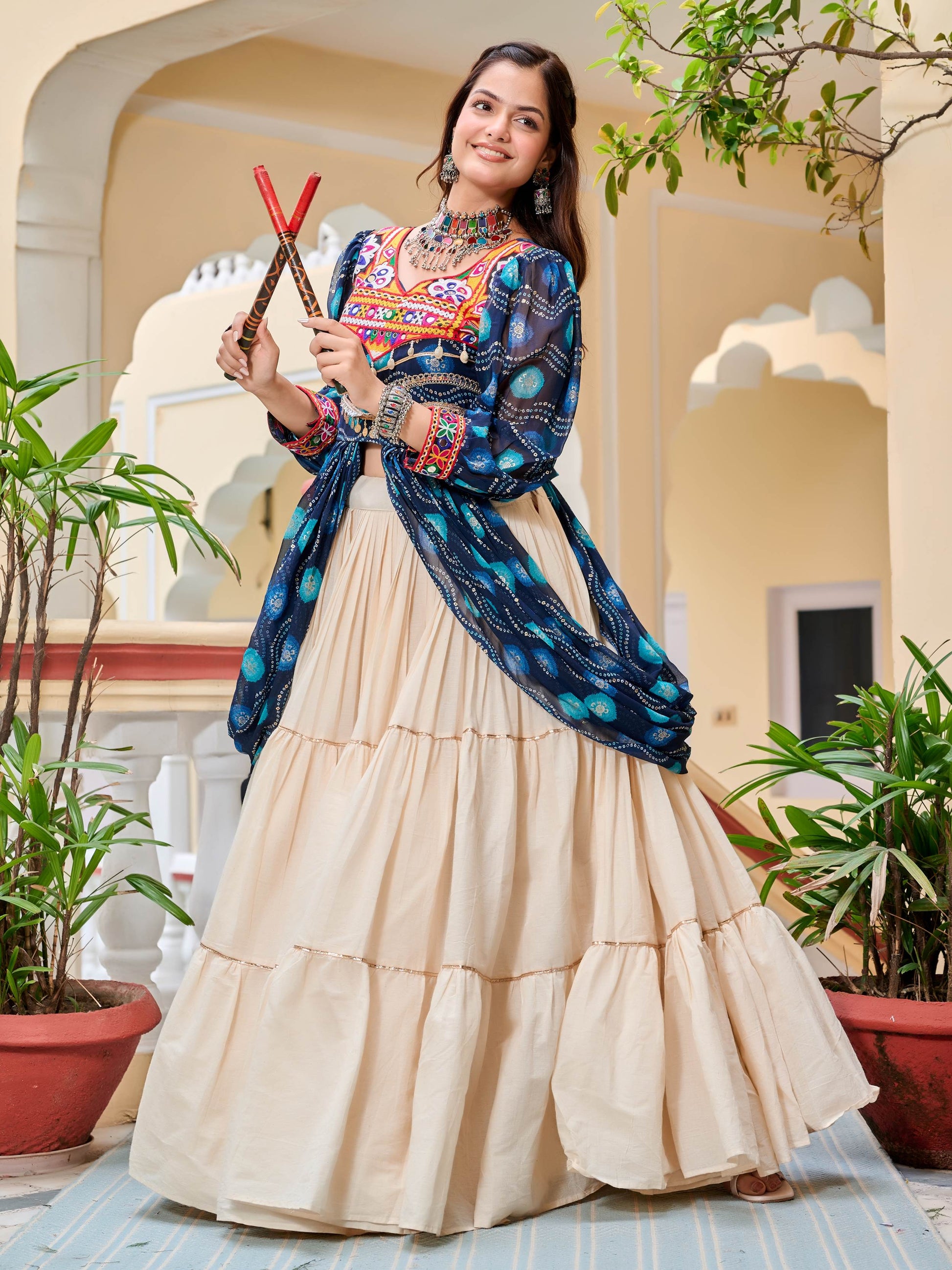 Enchanting Blue Cotton Bandhani Printed Designer Top Lehenga