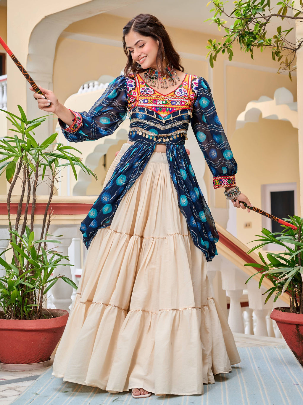 Enchanting Blue Cotton Bandhani Printed Designer Top Lehenga