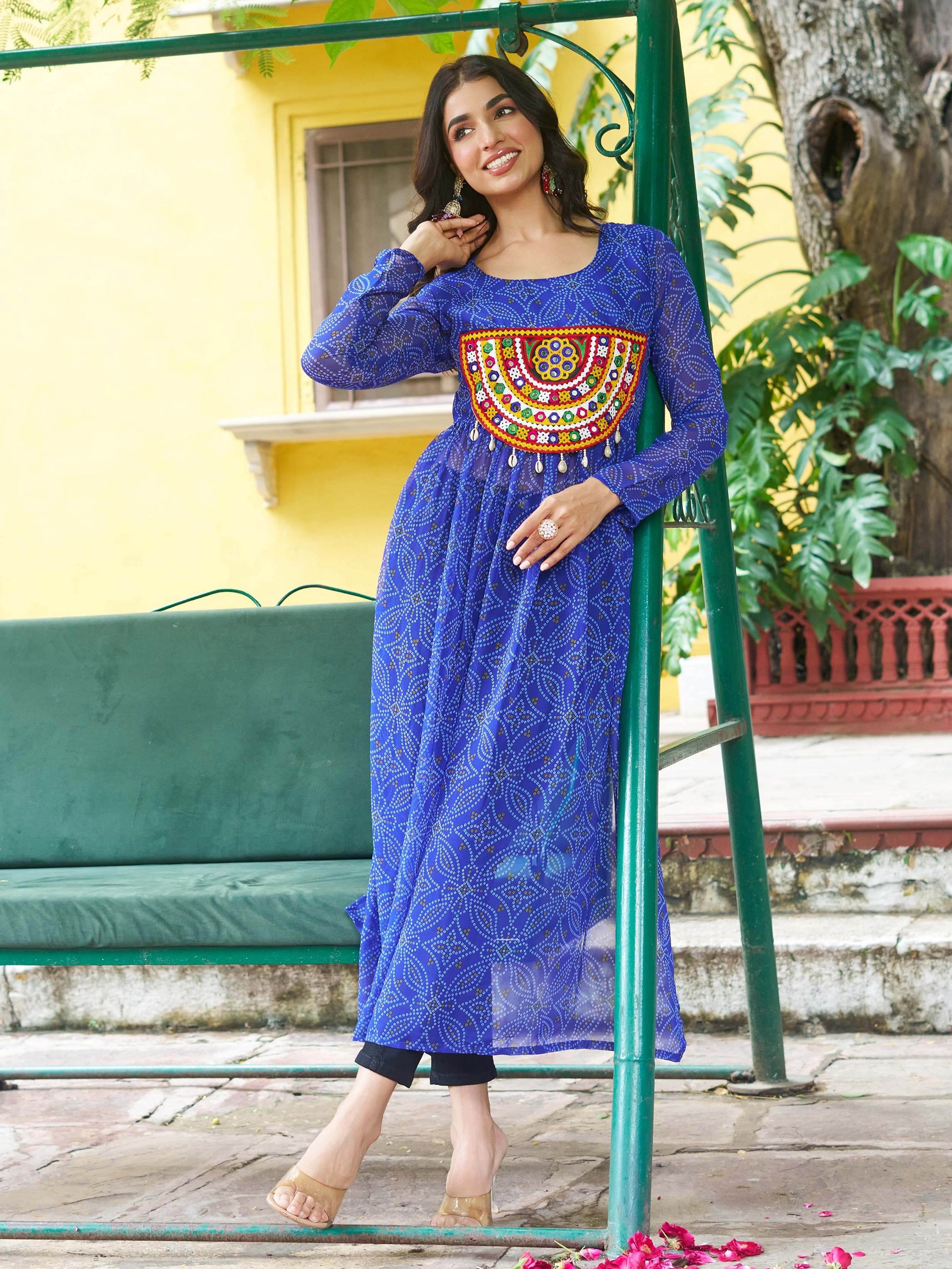 Timeless Blue Georgette Gamthi Work Festival Wear Kurti