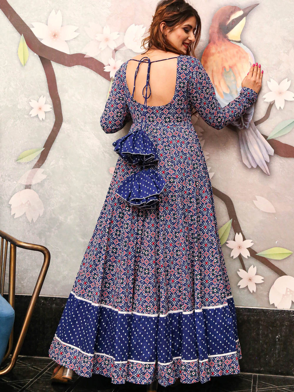 Graceful Blue Crepe Digital Printed Casual Wear Anarkali Gown