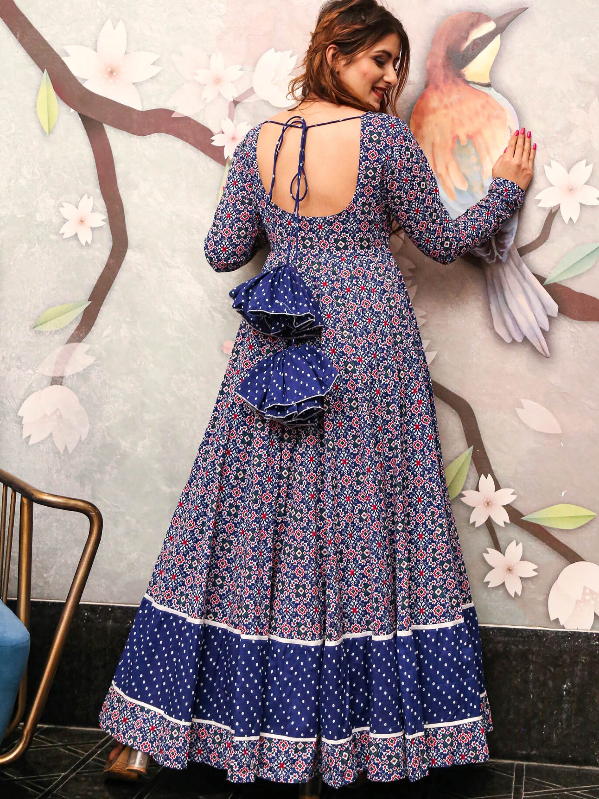 Graceful Blue Crepe Digital Printed Casual Wear Anarkali Gown